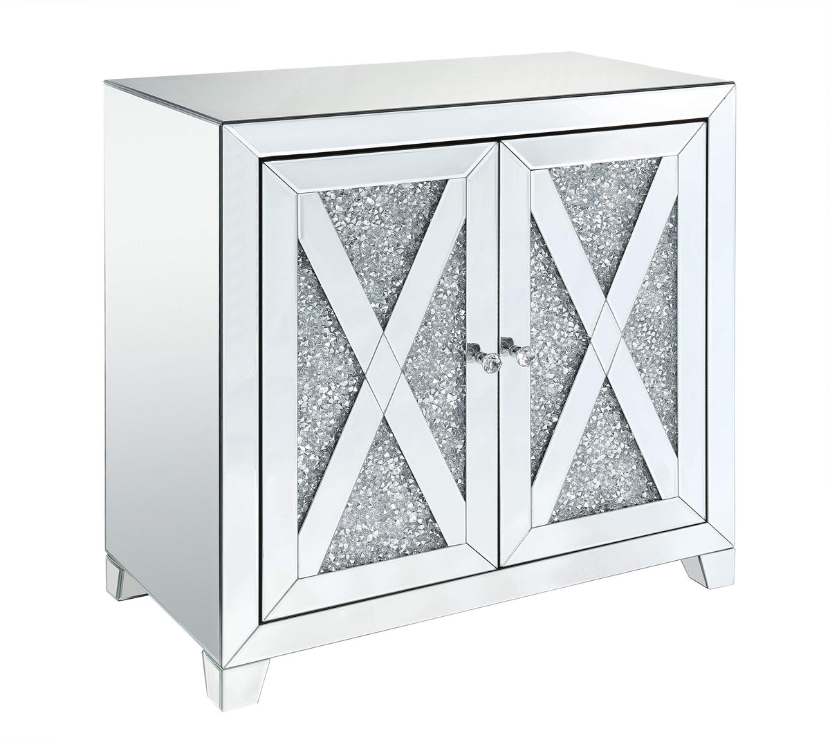 Benjara Storage Cabinet With Mirror Trim And X Shape Design, Silver