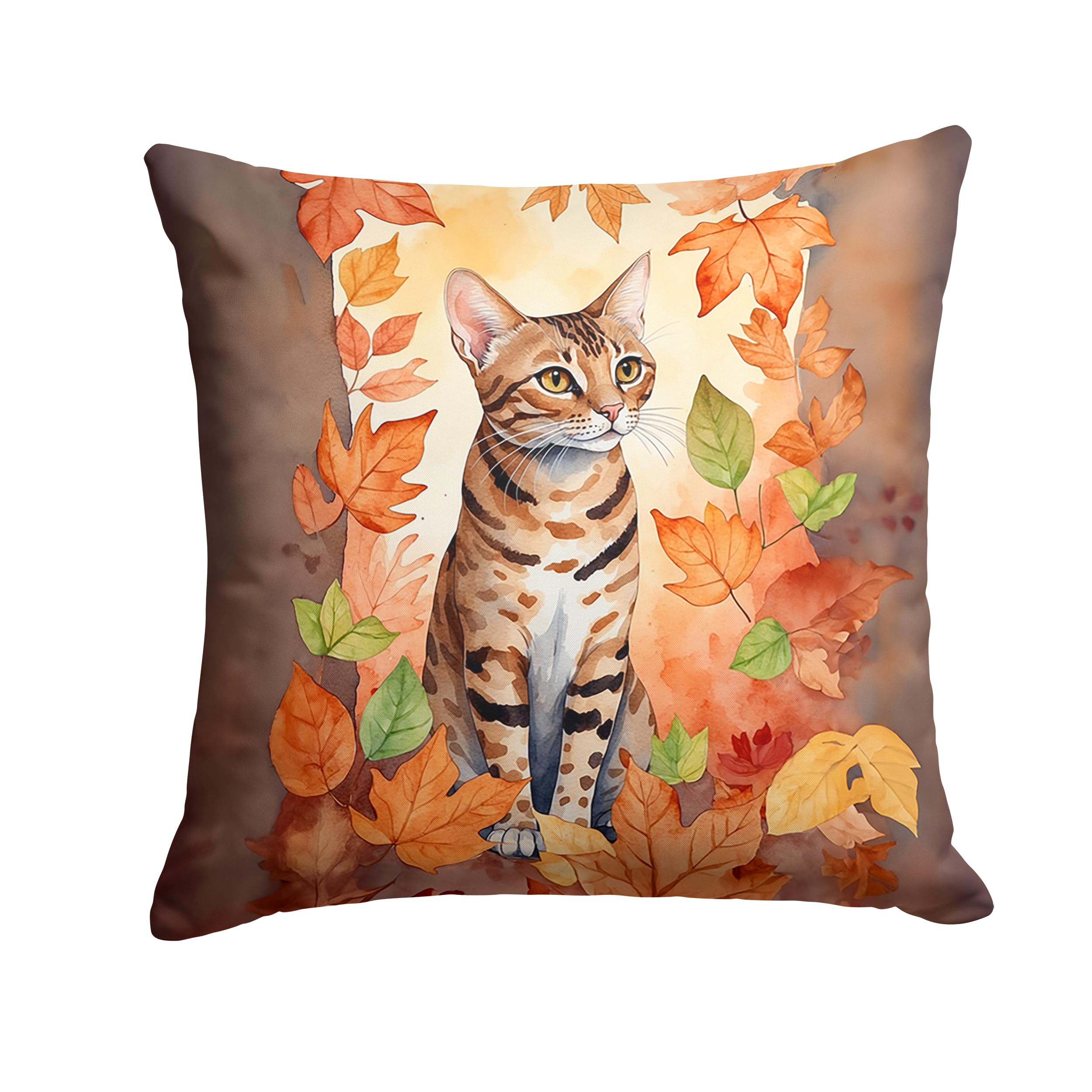 Carolines Treasures Ocicat Cat in Fall Leaves Throw Pillow Machine Washable, Indoor Outdoor Decorative Pillow for Couch, Bed or Patio, 14Hx14W