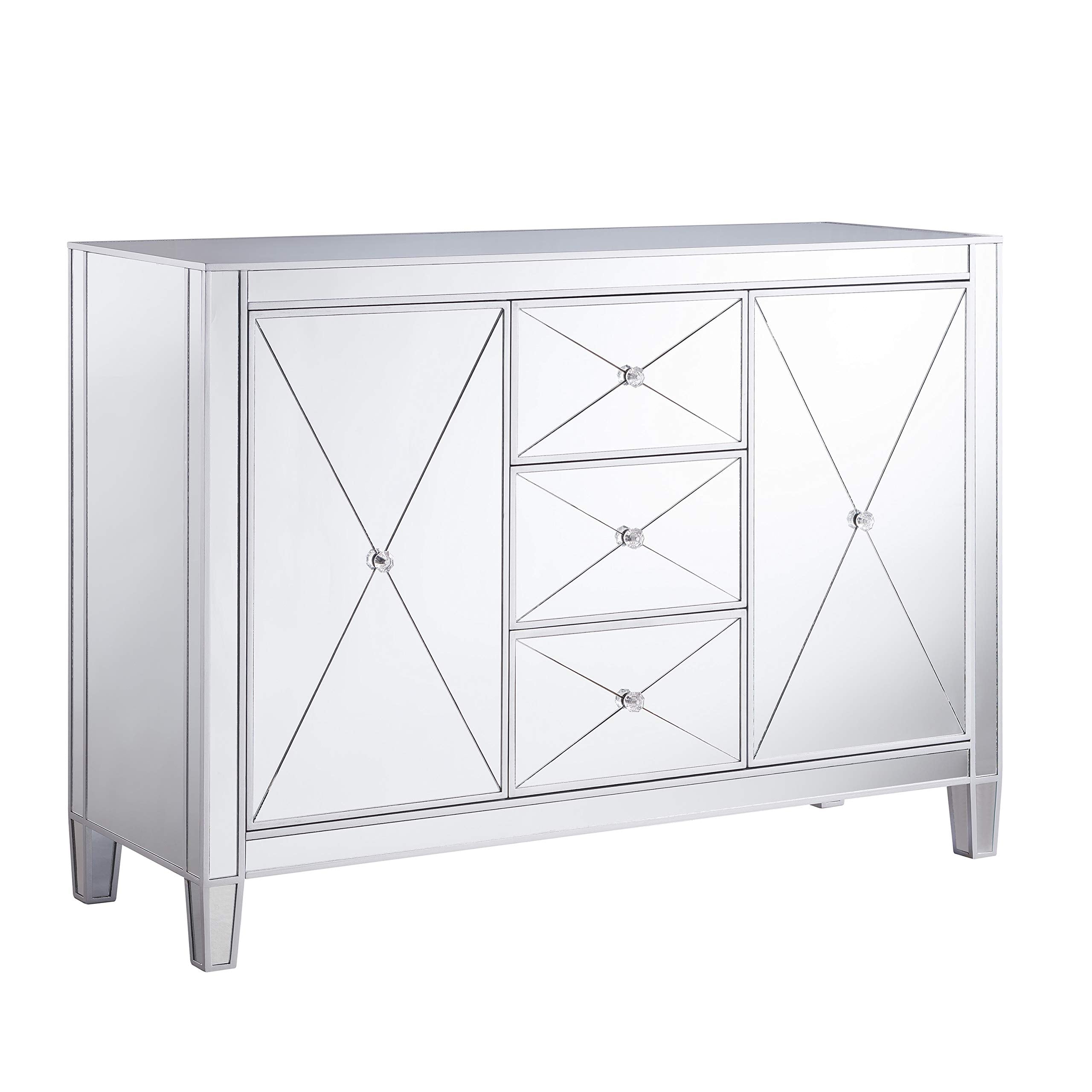 Sei Furniture Mirage Mirrored 3 Drawers, Faux Crystal Knobs, And Matte Silver Trim Cabinet