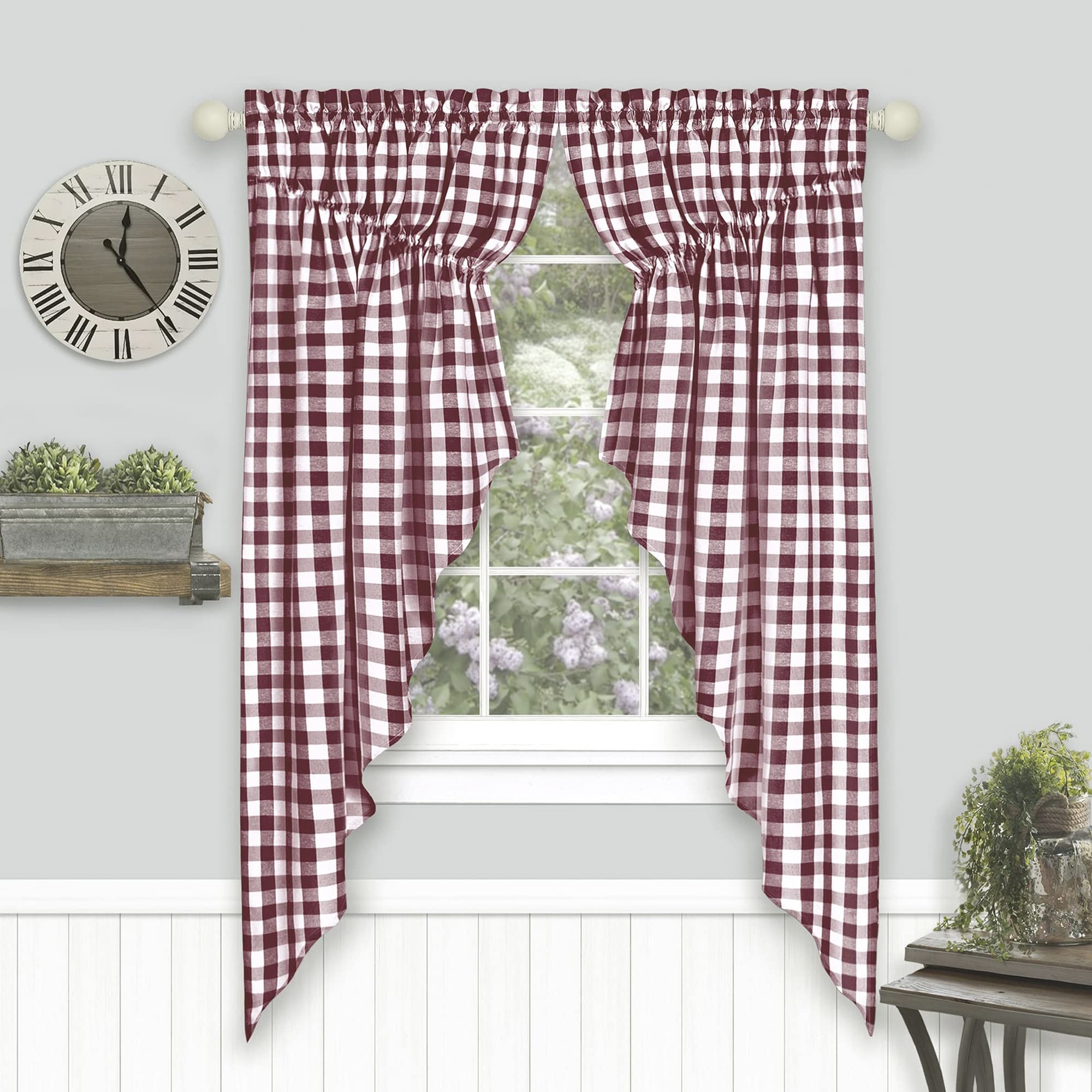 Buffalo Check Gathered Swag Window Curtain Pair - 72x63 - Burgundy