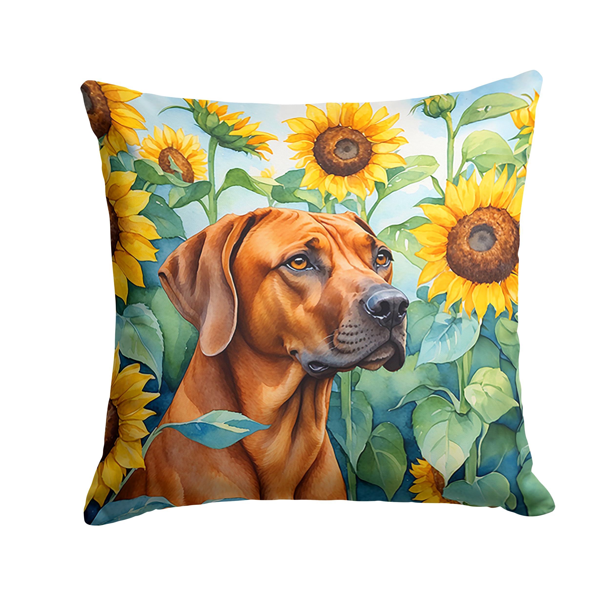 Carolines Treasures in Sunflowers Throw Pillow, 18Hx18W, Rhodesian Ridgeback 6149