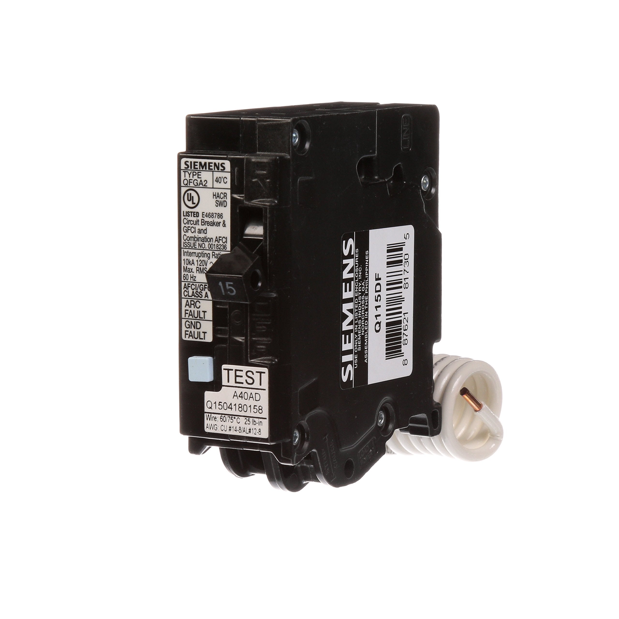 Siemens Q115Df 15-Amp Afci/Gfci Dual Function Circuit Breaker, Plug On Load Center Style