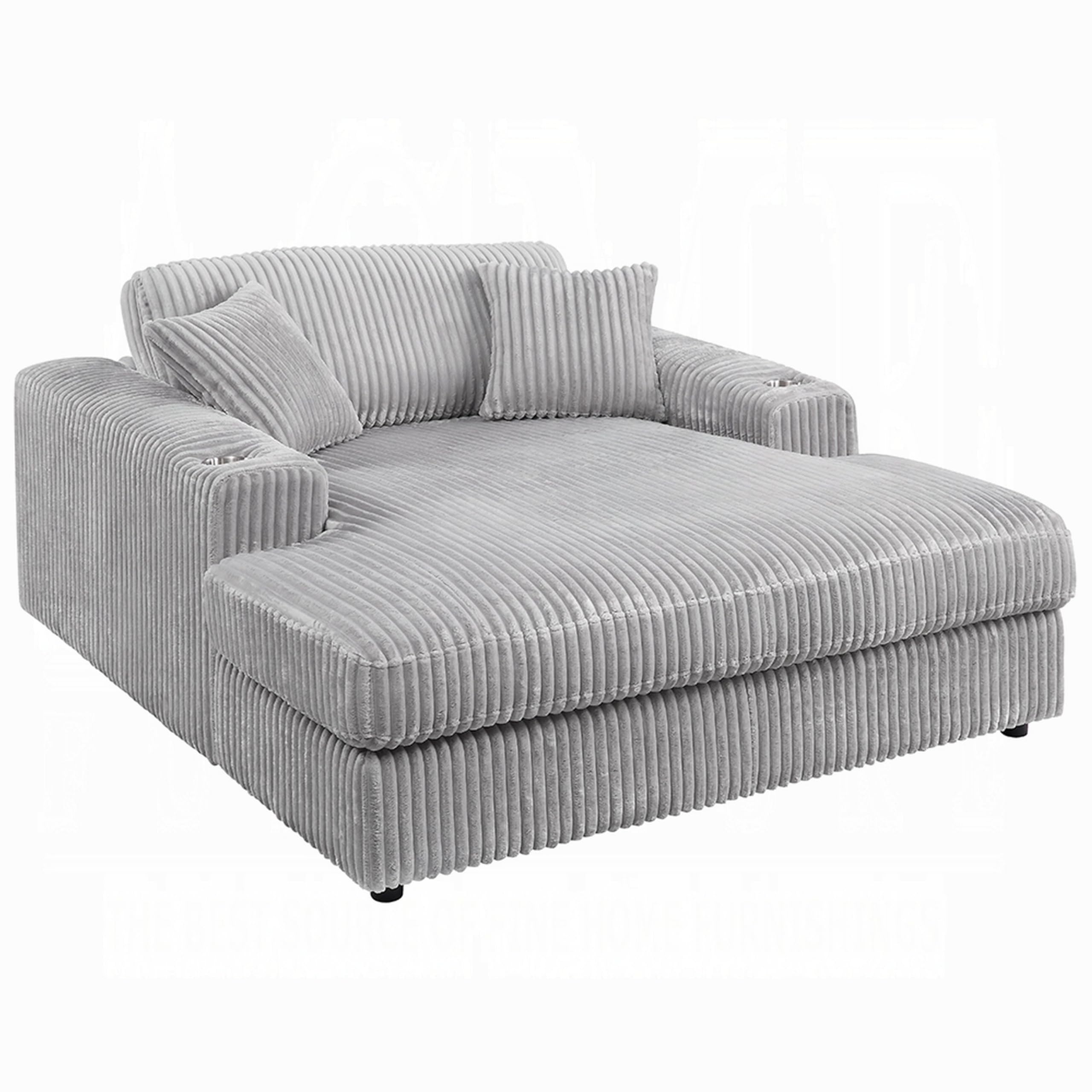 Liny Oversized Chaise, 2 Cupholders, 2 Pillows, Beige Velvet Corduroy