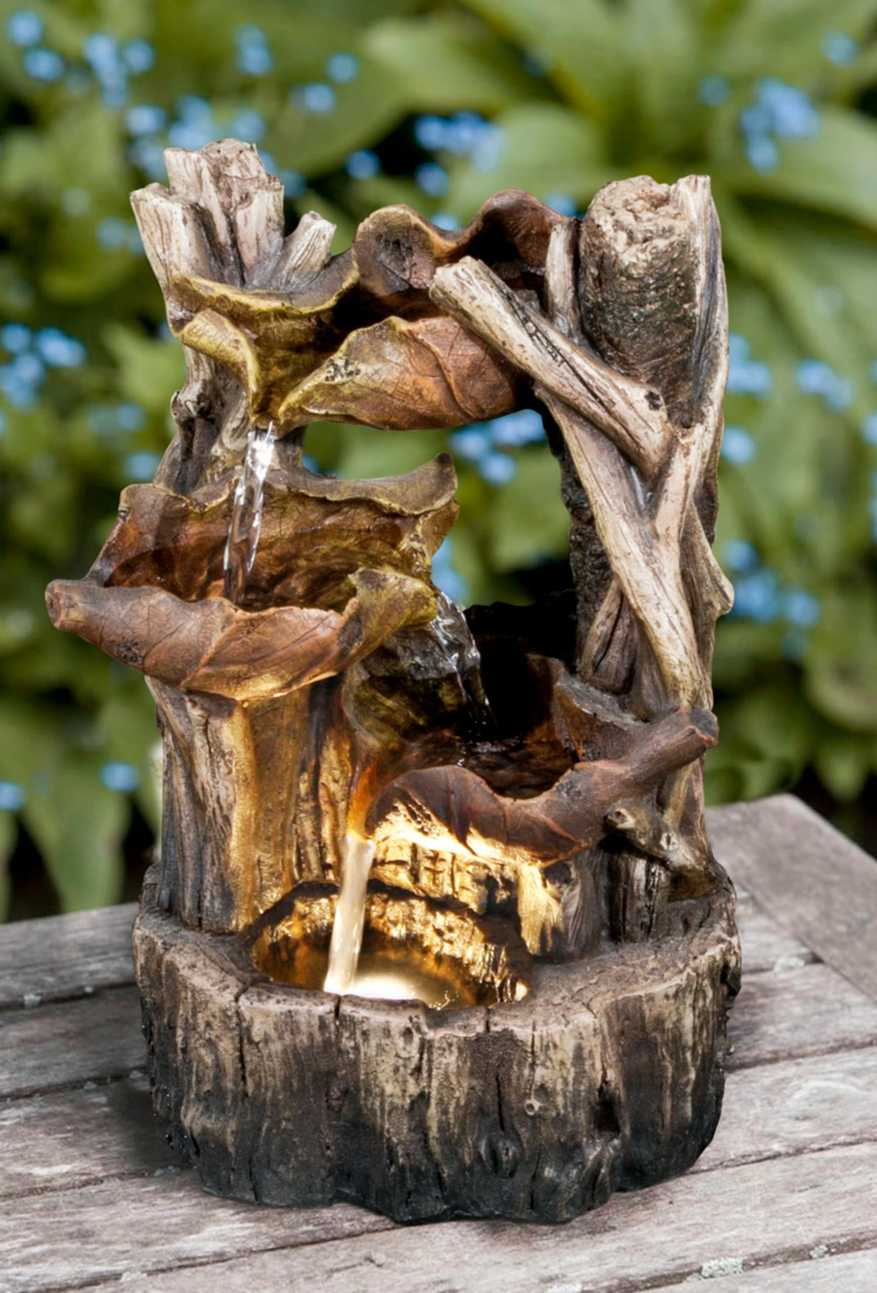 Hi-Line Gift Ltd 79555-C Tree Trunk Fountain W/3 Leaves & LED