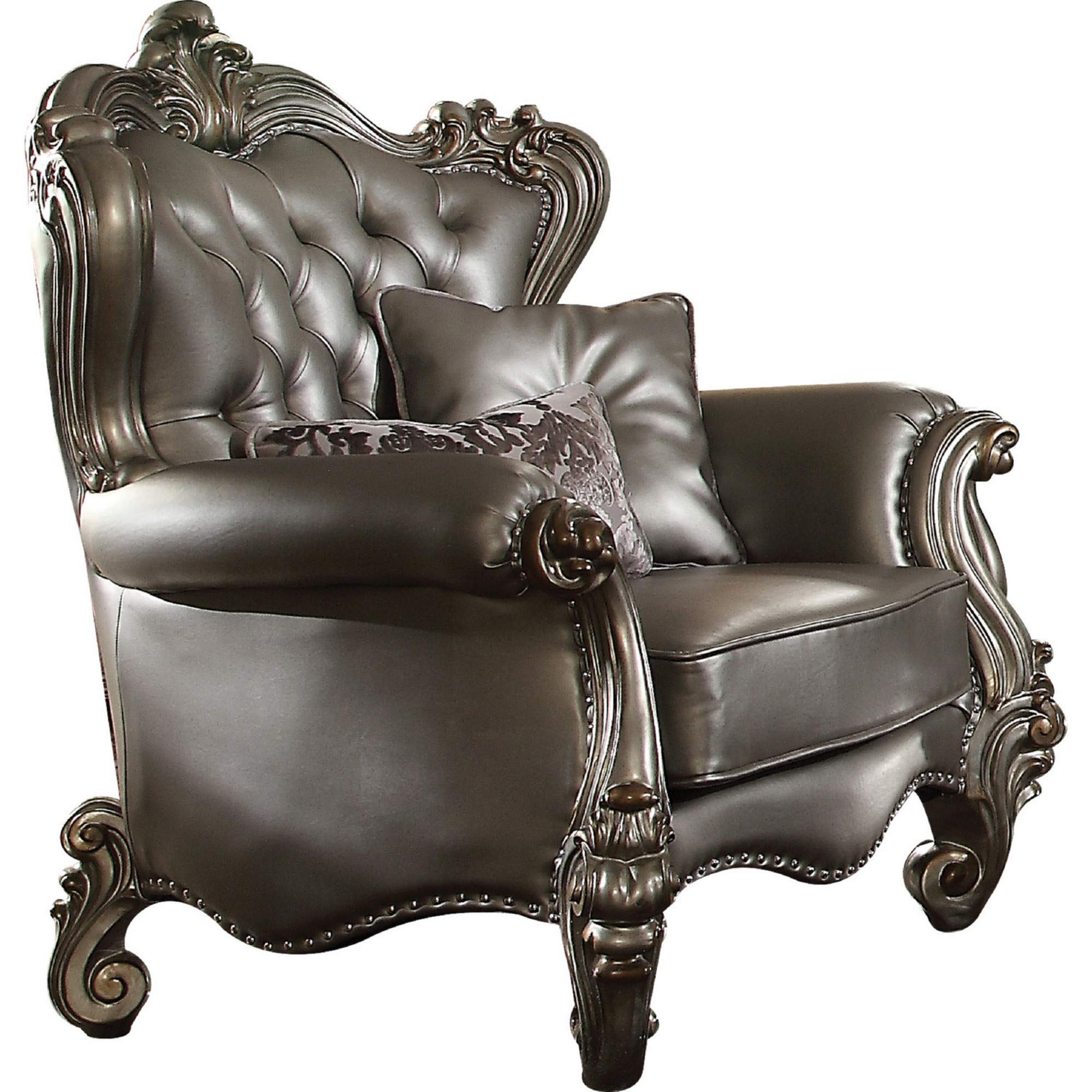 Scalloped Trim Button Tufted Leatherette Chair with Scrolled Legs, Gray