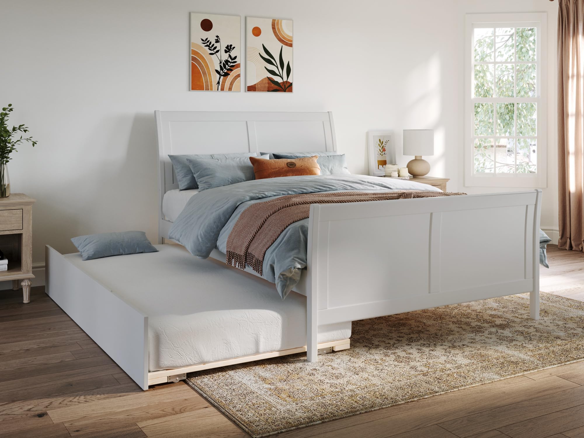 Portland Full Platform Bed with Matching Foot Board with Twin Size Urban Trundle Bed in White