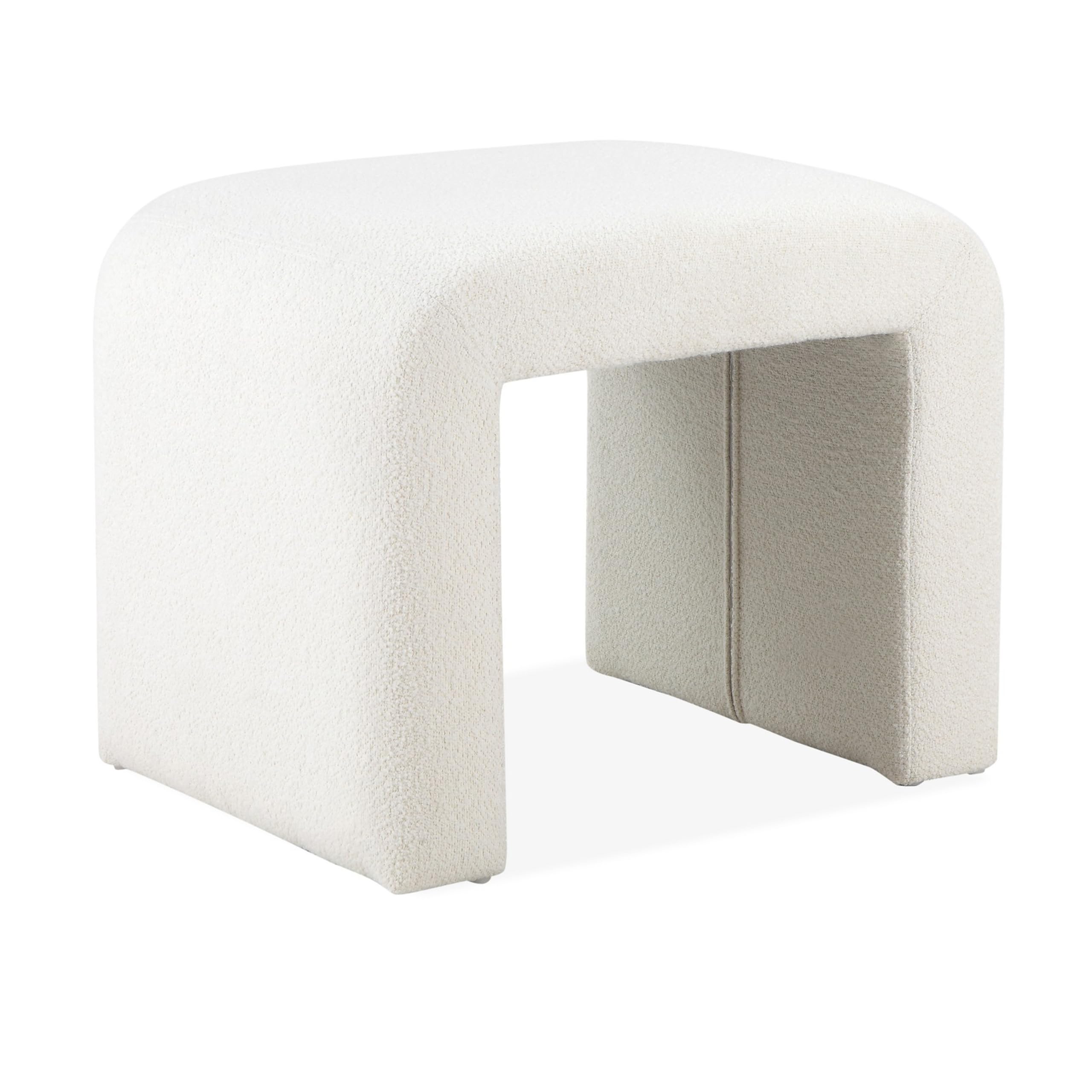 Jea 24 Inch Accent Stool, Soft Cushioned Seat, White Boucle, Panel Legs