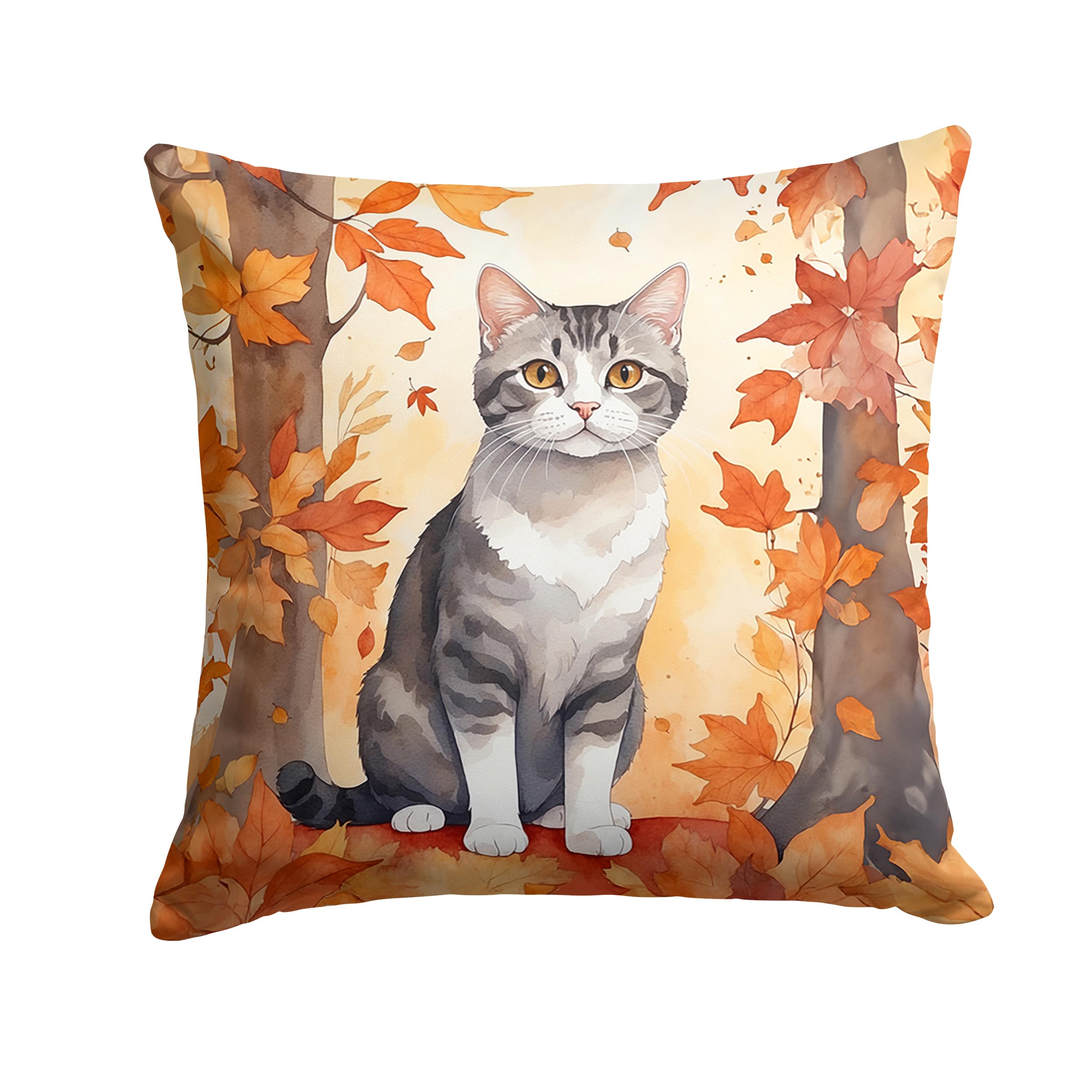 Carolines Treasures American Wirehair Cat in Fall Leaves Throw Pillow Machine Washable, Indoor Outdoor Decorative Pillow for Couch, Bed or Patio, 18Hx18W