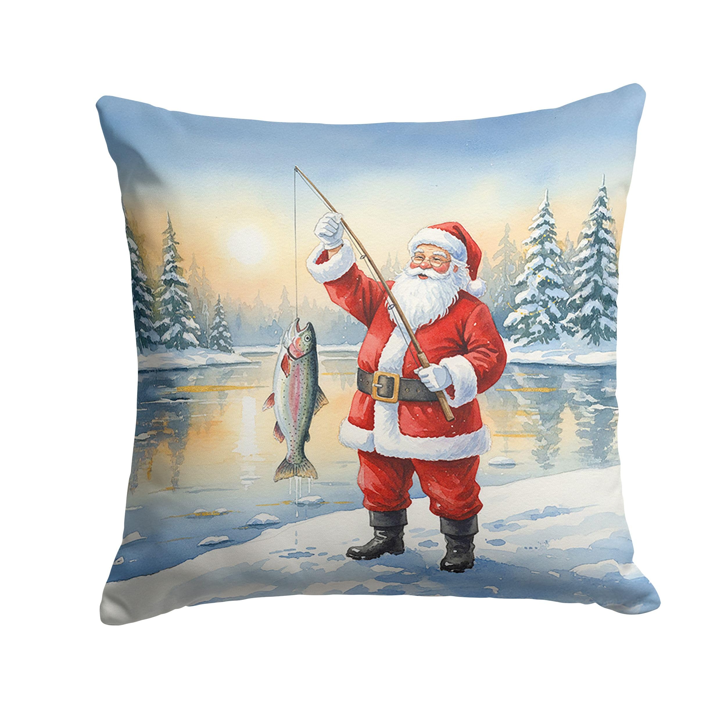 Carolines Treasures Fishing Santa Claus with Rainbow Trout Christmas Throw Pillow Decorative Indoor Outdoor Accent Cushion for Couch, Bed or Patio, 14Hx14W