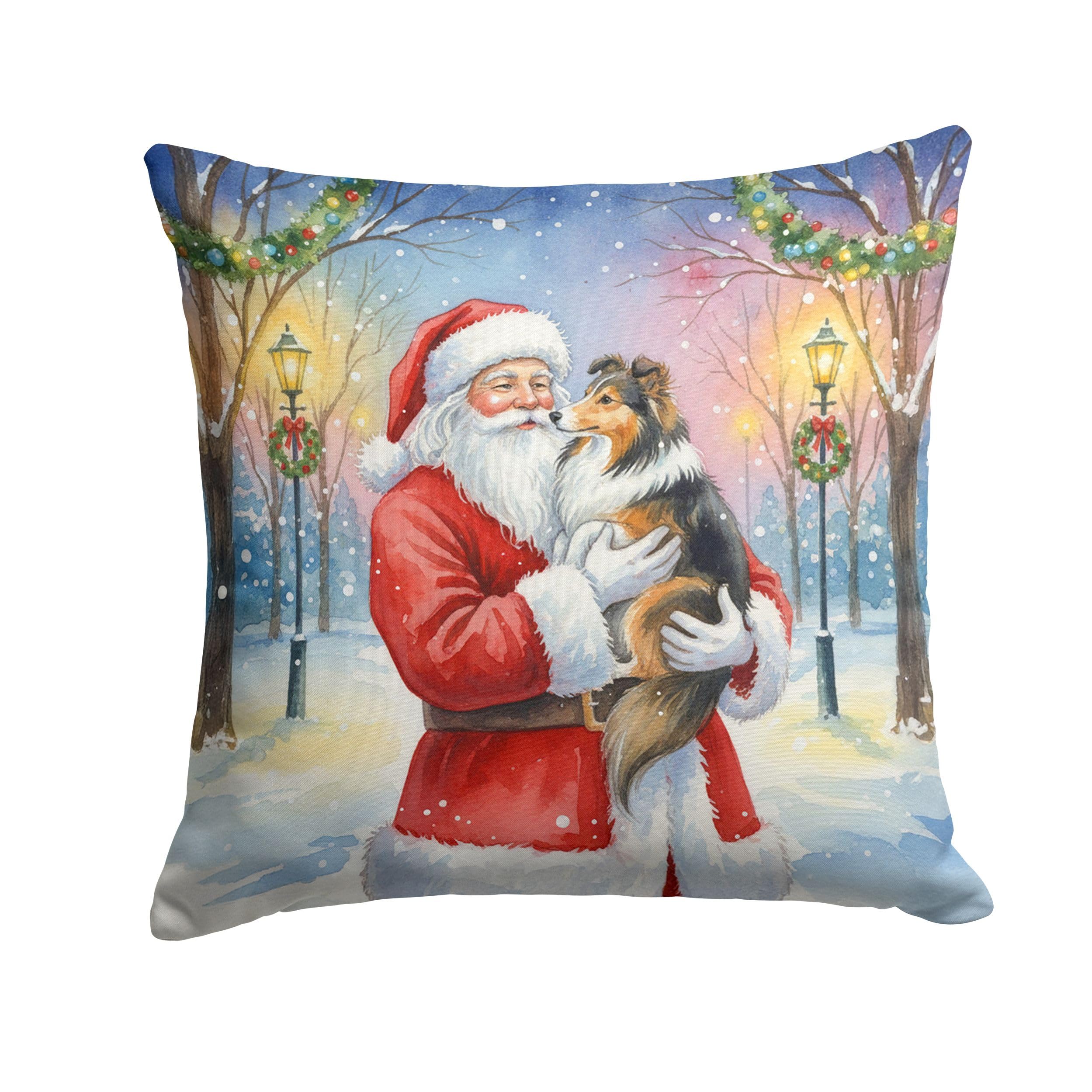 Carolines Treasures Sheltie with Santa Claus Throw Pillow Decorative Indoor Outdoor Accent Cushion for Couch, Bed or Patio, 14Hx14W