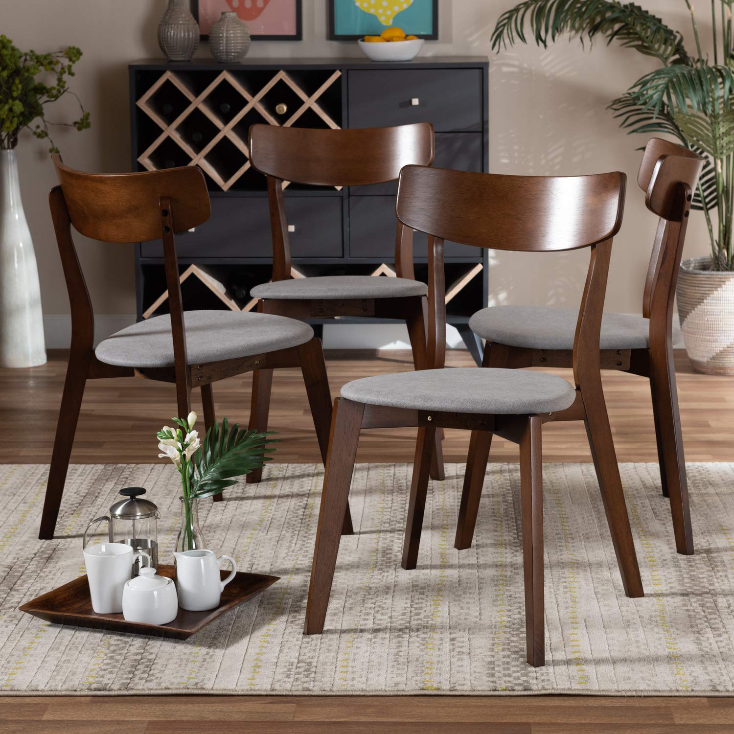 Baxton Studio Iora Mid-Century Modern Transitional Light Grey Fabric Upholstered And Walnut Brown Finished Wood 4-Piece Dining C