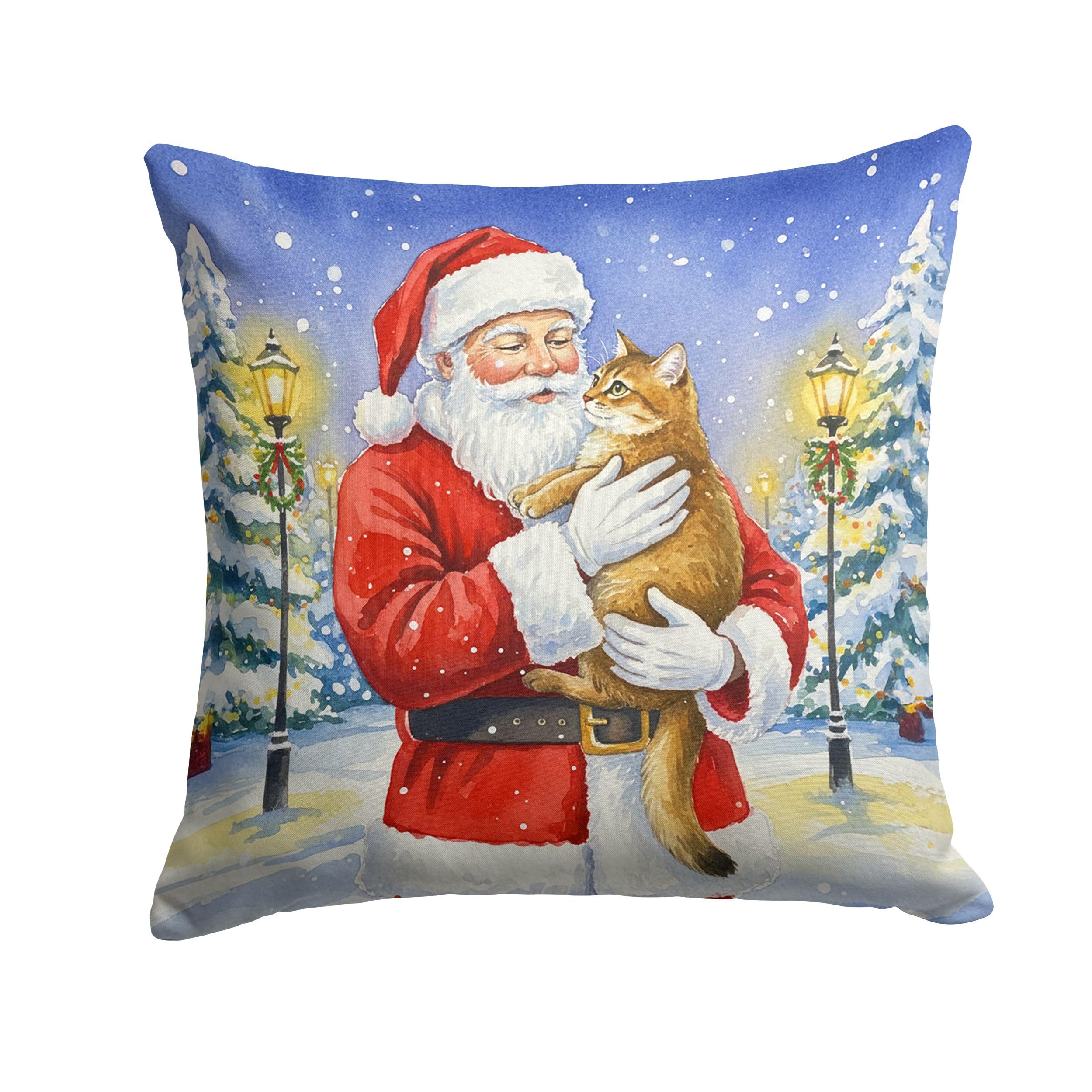Carolines Treasures Chausie Cat with Santa Claus Throw Pillow Decorative Indoor Outdoor Accent Cushion for Couch, Bed or Patio, 14Hx14W