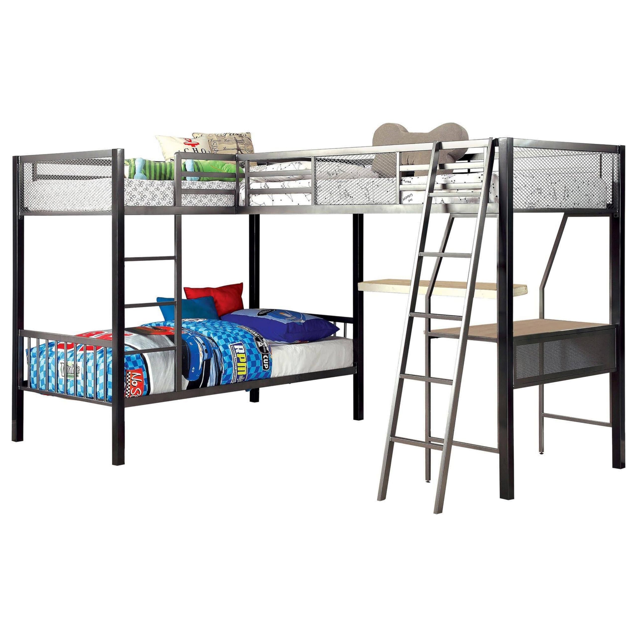Triple Twin Size Bunk Beds with Desk and Ladders, Silver Metal Frame