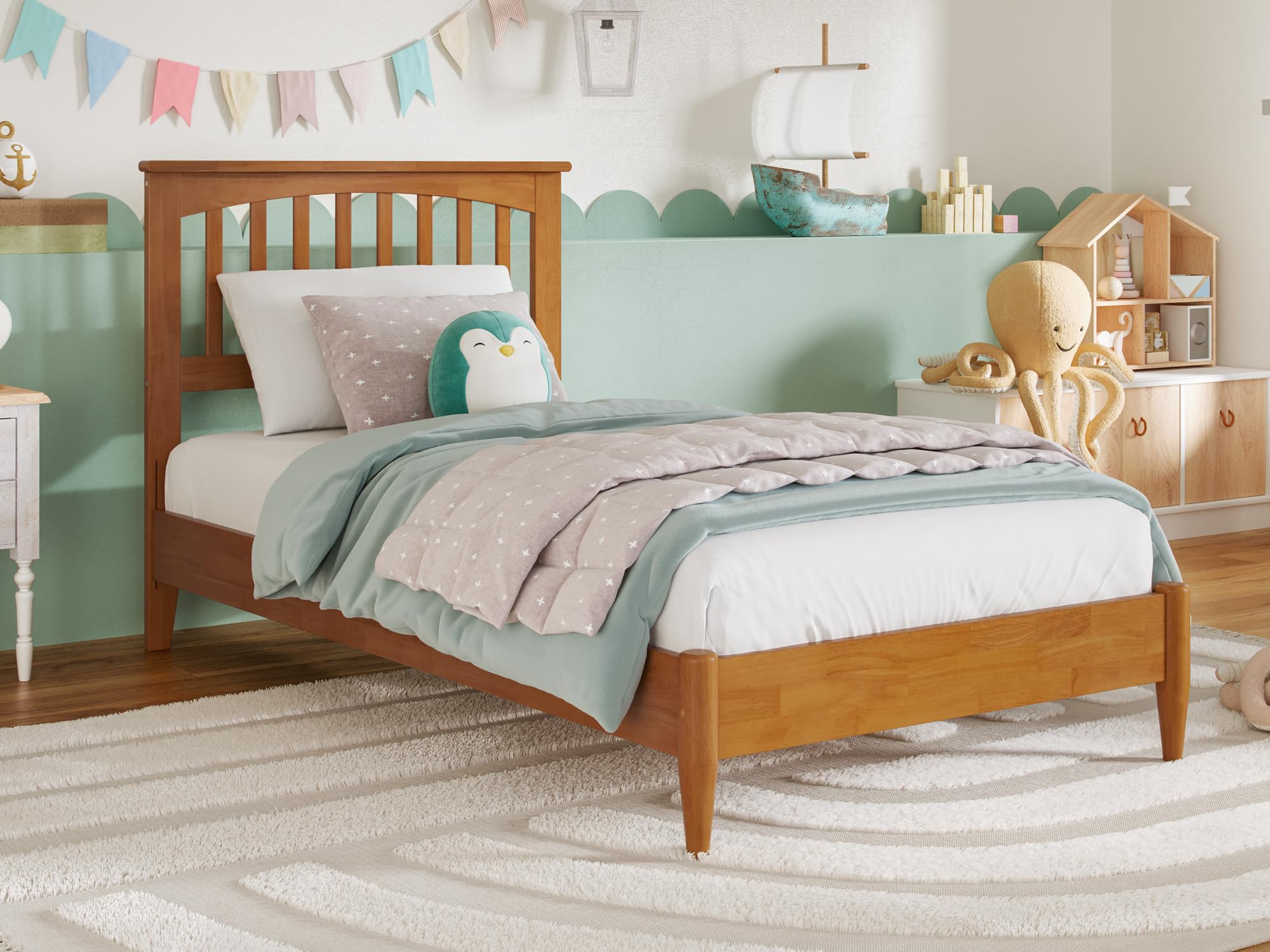 Becket Twin XL Solid Wood Low Profile Platform Bed in Light Toffee