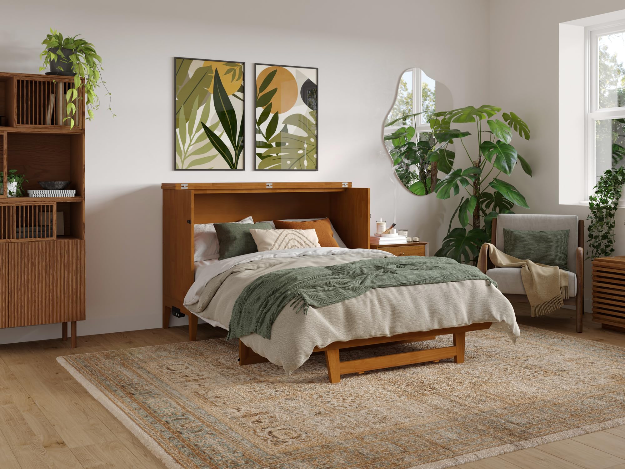 Santa Fe Full Solid Wood Murphy Bed Chest with Mattress and Built-in Charger in Light Toffee