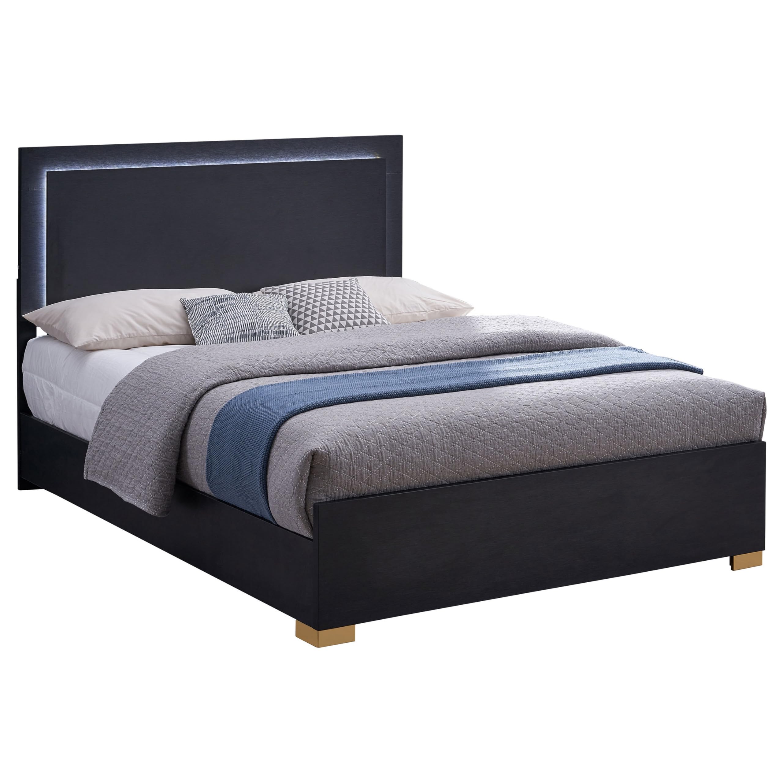 Dex Platform King Size Bed, Panel LED Headboard, Black Wood Melamine Finish