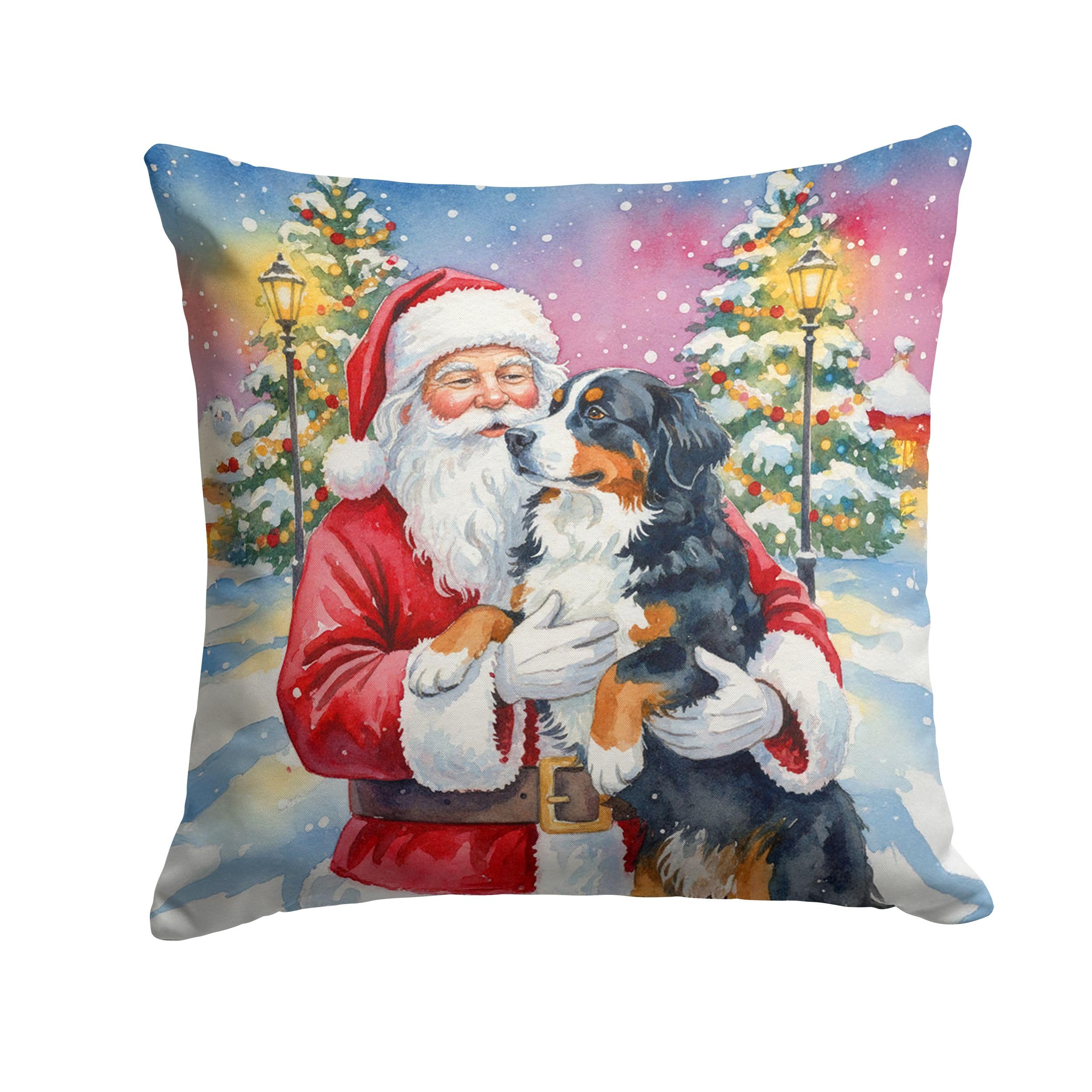 Carolines Treasures Bernese Mountain Dog with Santa Claus Throw Pillow Decorative Indoor Outdoor Accent Cushion for Couch, Bed or Patio, 14Hx14W