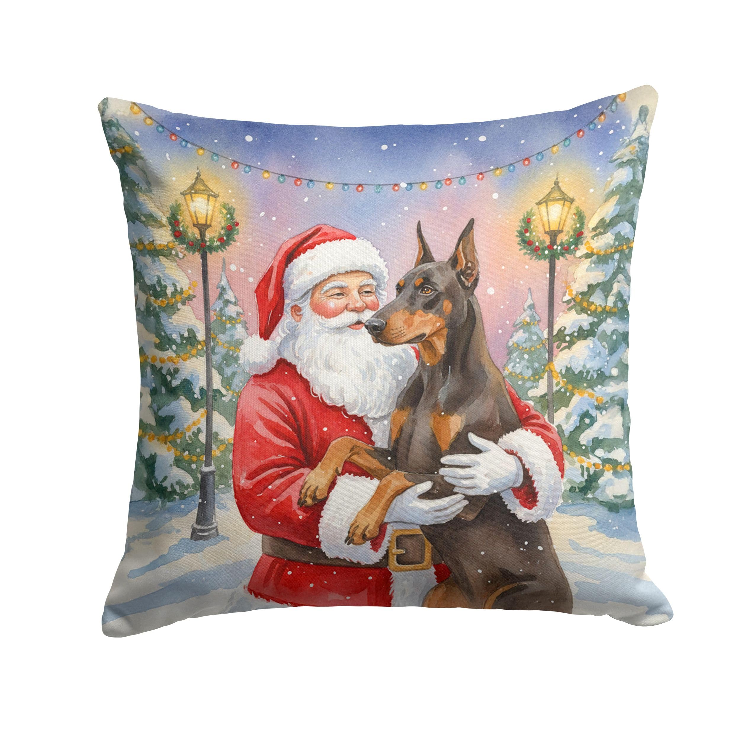 Carolines Treasures Fawn Doberman Pinscher with Santa Claus Throw Pillow Decorative Indoor Outdoor Accent Cushion for Couch, Bed or Patio, 14Hx14W