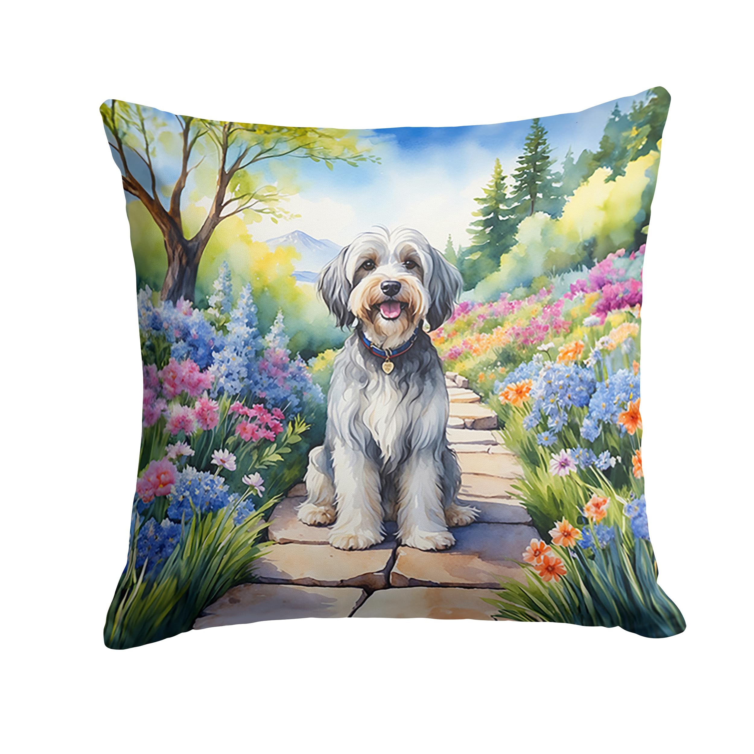 Carolines Treasures Tibetan Terrier Spring Path Throw Pillow Machine Washable, Indoor Outdoor Decorative Pillow for Couch, Bed or Patio, 18Hx18W