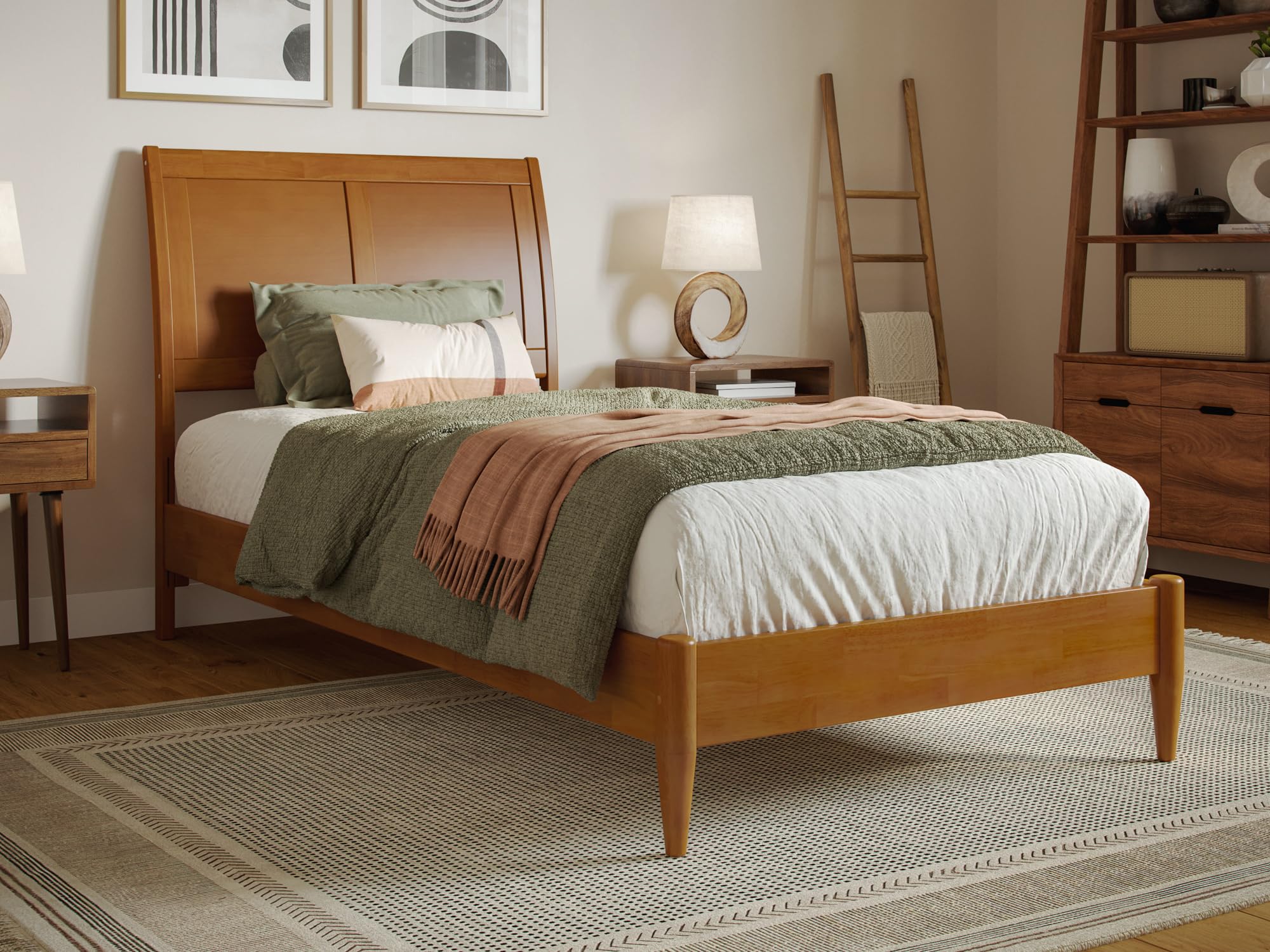 Valencia Twin XL Solid Wood Low Profile Sleigh Platform Bed in Light Toffee