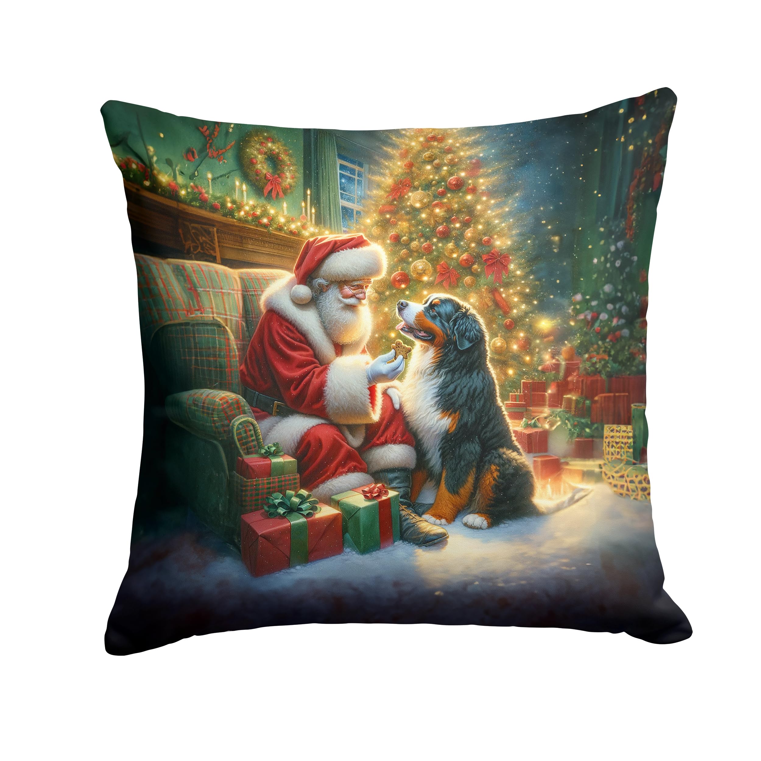 Carolines Treasures Bernese Mountain Dog and Santa Claus Throw Pillow Machine Washable, Indoor Outdoor Decorative Pillow for Couch, Bed or Patio, 14Hx14W
