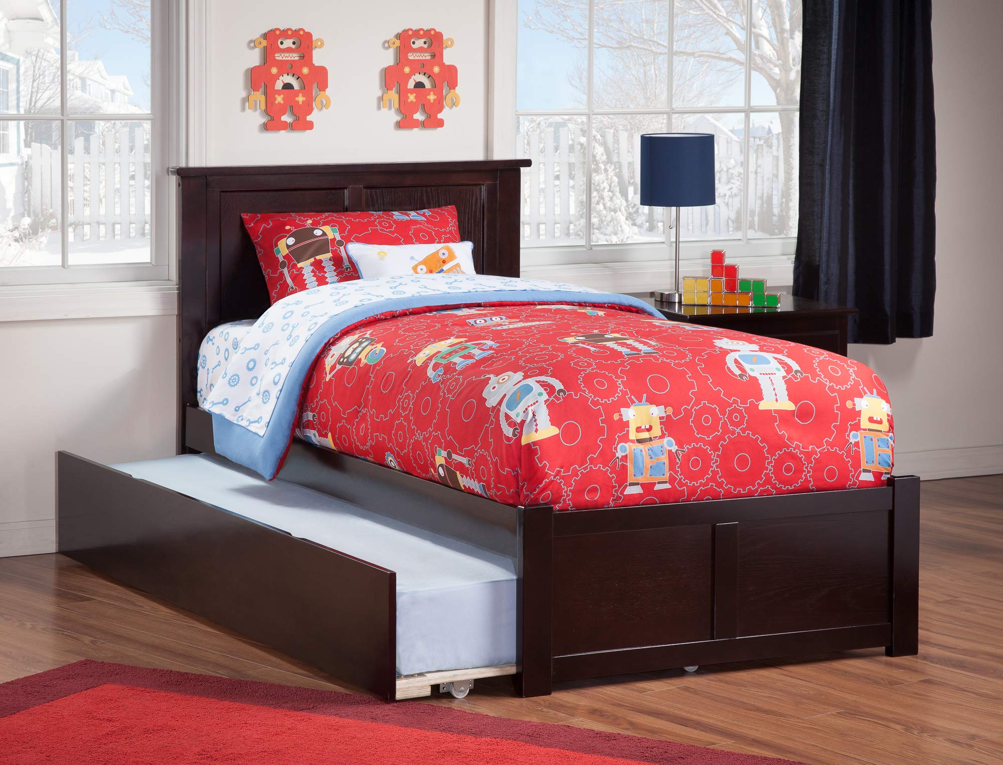 Madison Twin XL Solid Wood Platform Bed with Footboard & Twin XL Trundle in Espresso