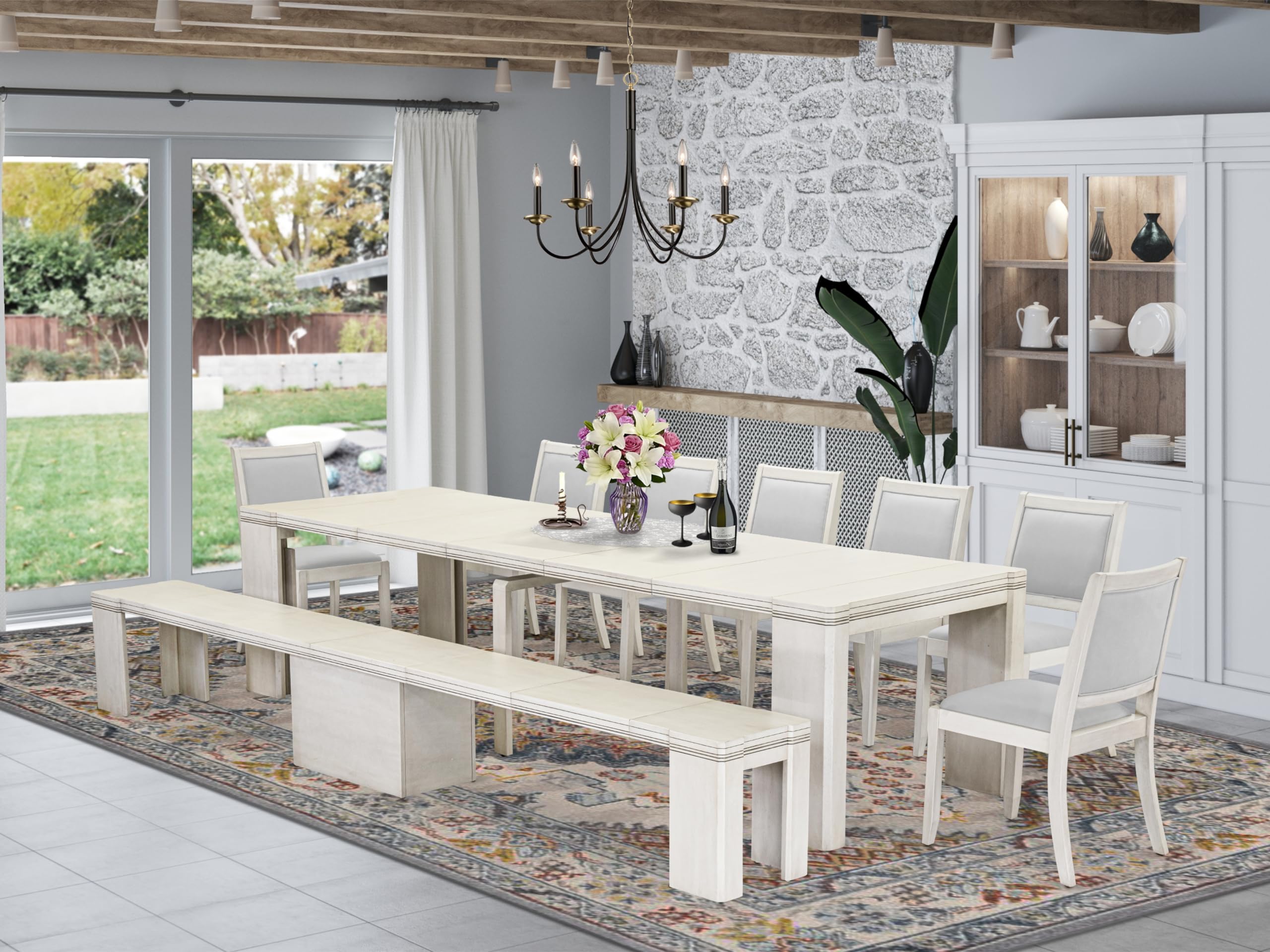 9 Pieces Extendable Dining Set, Antique White