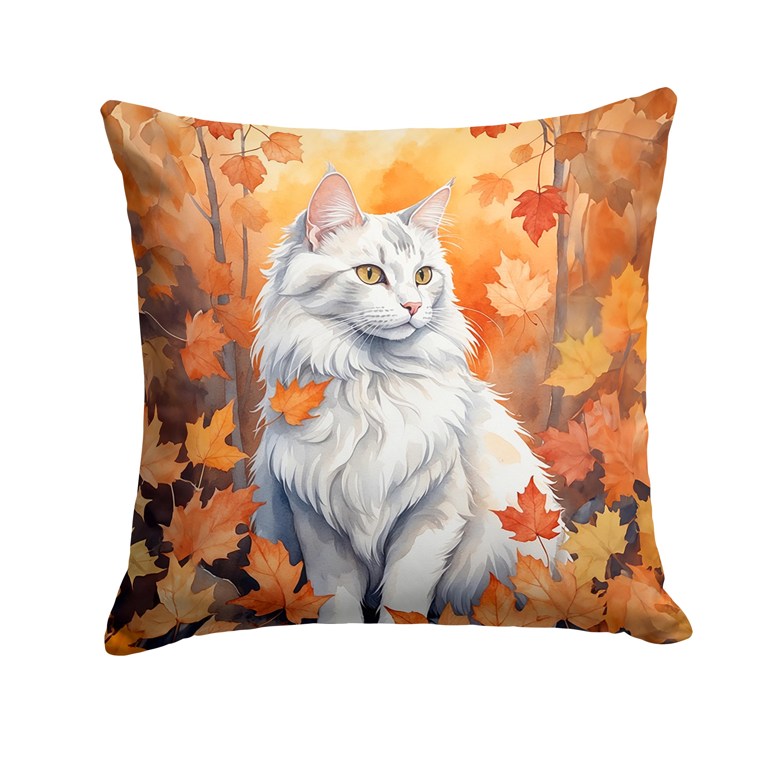 Carolines Treasures Turkish Angora Cat in Fall Leaves Throw Pillow Machine Washable, Indoor Outdoor Decorative Pillow for Couch, Bed or Patio, 14Hx14W