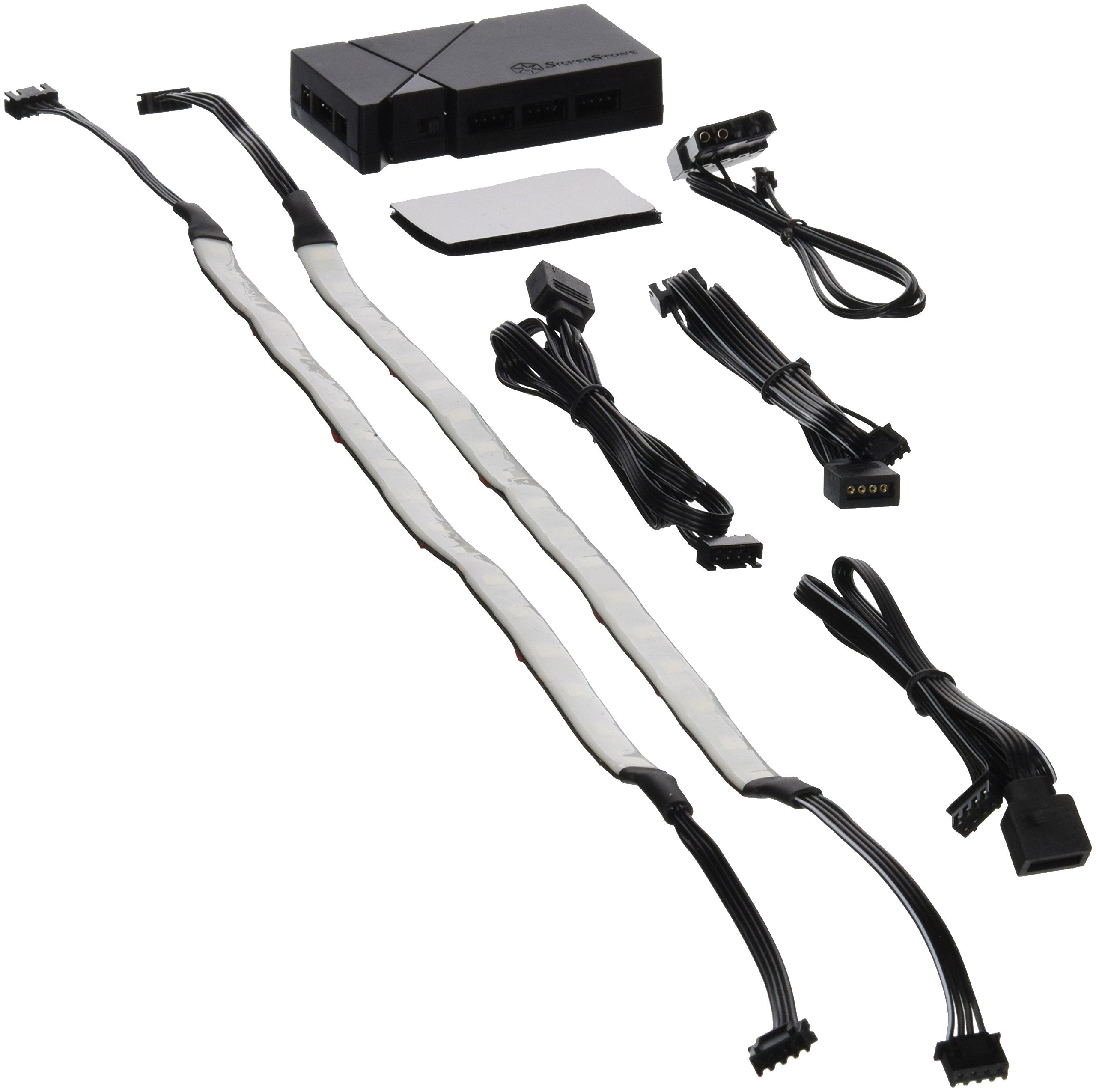 Black plastic cover, 1 * RGB 4pin in, Molex power in, 8 * RGB 4pin out ports, included RGB LED strip x2,2 * 300mm male to female & RGB 4pin extend Y cable