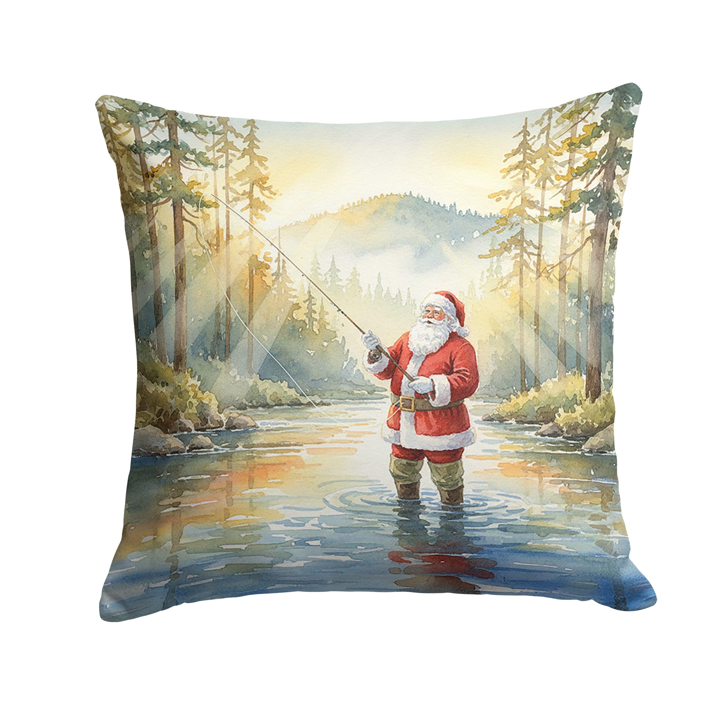 Carolines Treasures Santa Claus Fly-Fishing at Sunrise Christmas Throw Pillow Decorative Indoor Outdoor Accent Cushion for Couch, Bed or Patio, 14Hx14W