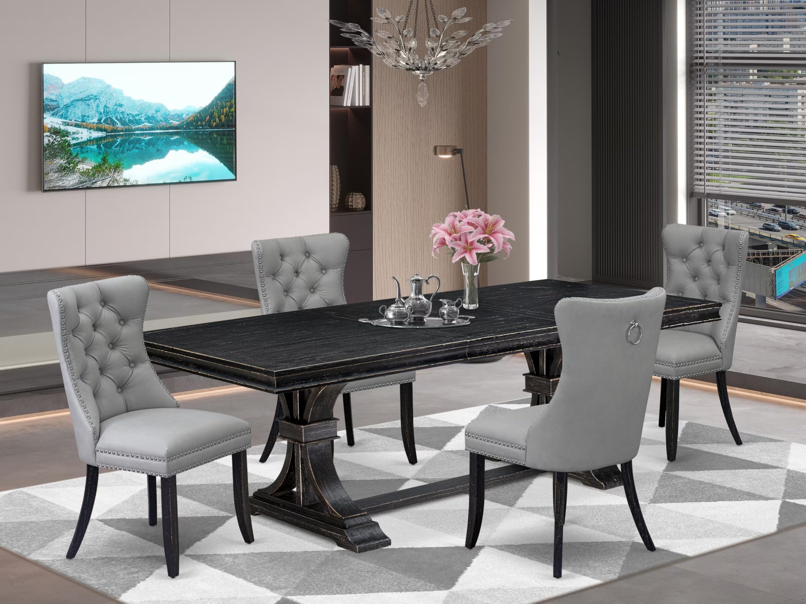 5 piece kitchen dining set a wooden table and 4 Faux Leather Parson Chairs