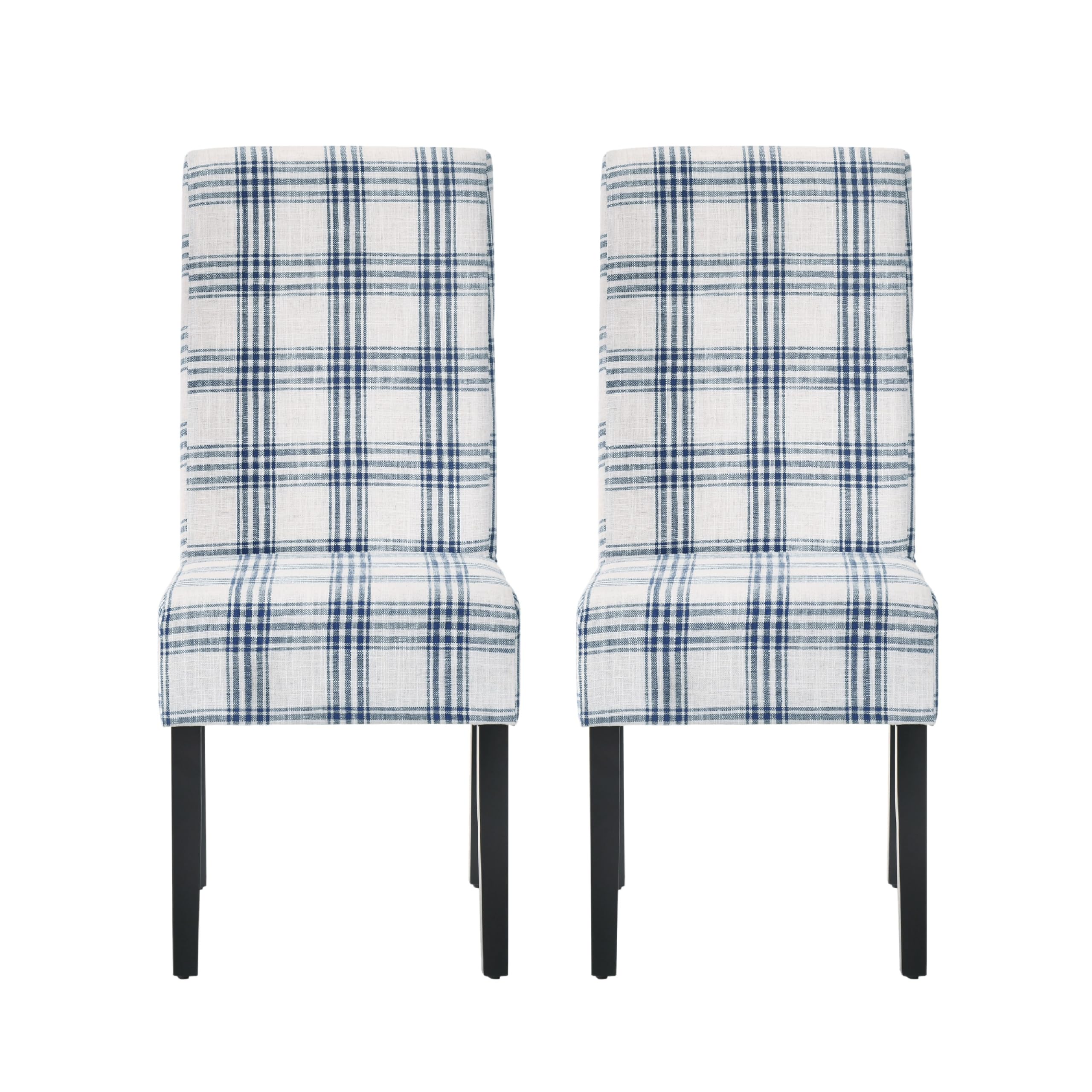 Cini Dining Side Chair Set of 2, Blue Cream Fabric, Black Wood Legs