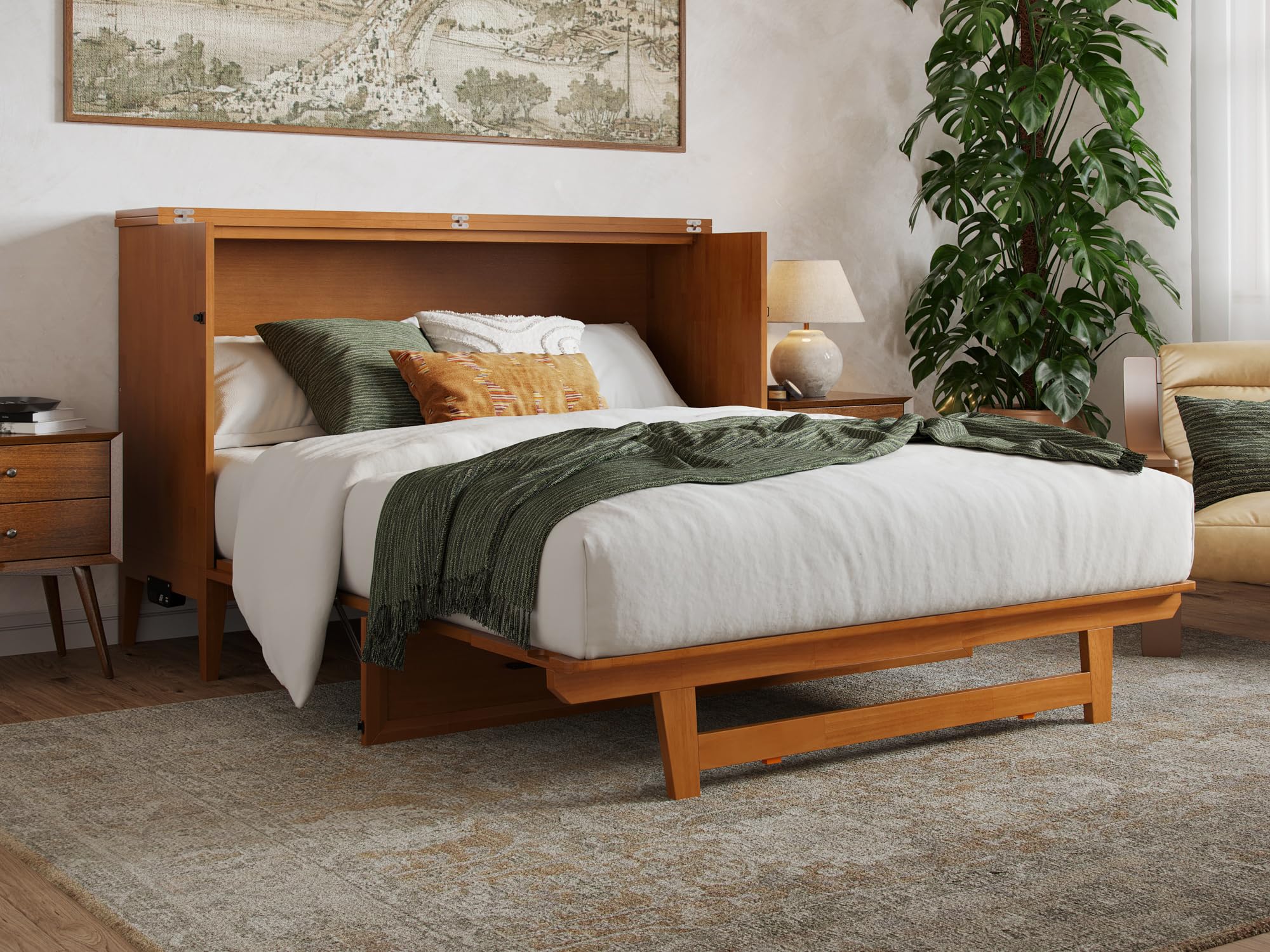 Santa Fe Queen Solid Wood Murphy Bed Chest with Mattress and Built-in Charger in Light Toffee