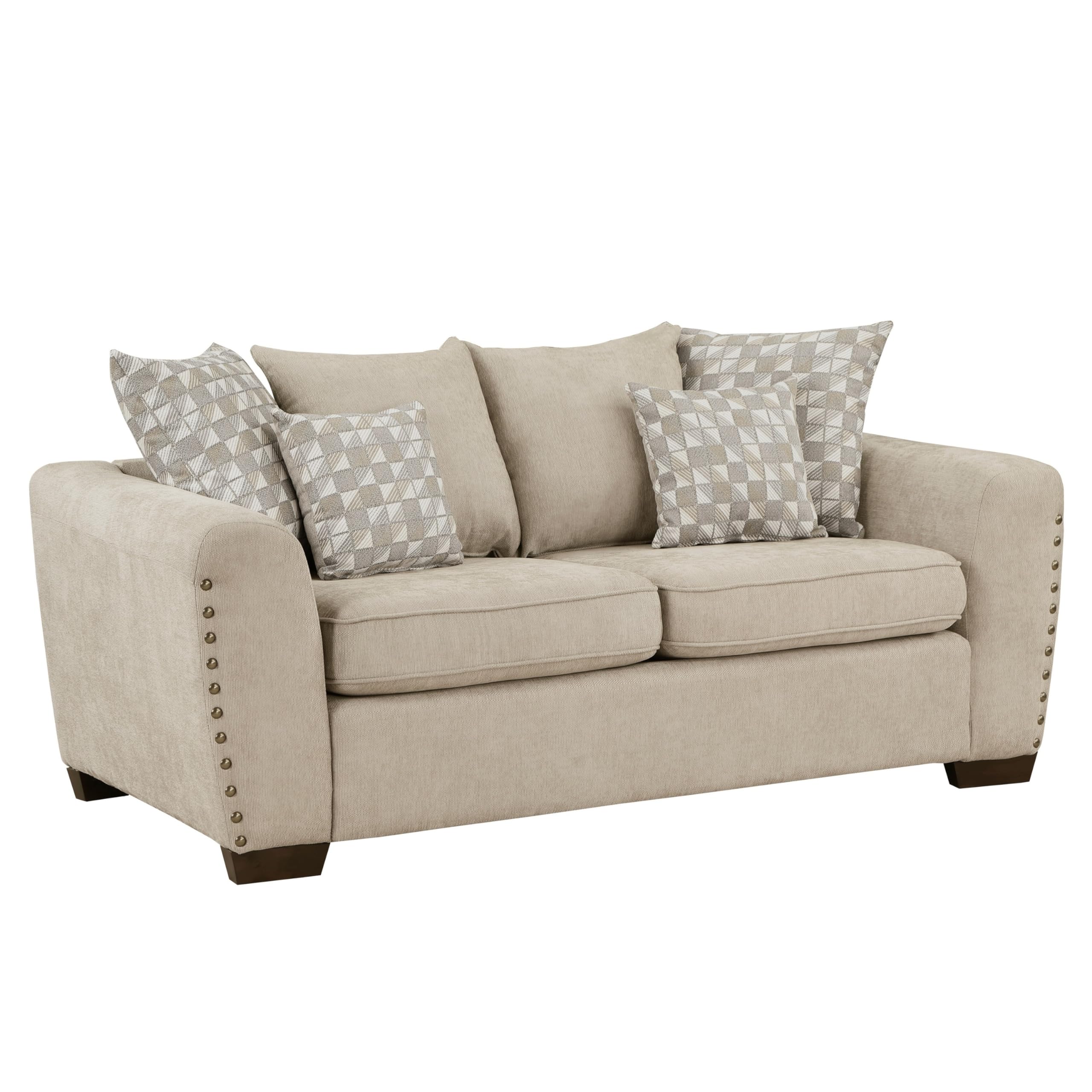 Gini 70 Inch Loveseat, 6 Pillows, Nailhead Trim, Brown Chenille, Solid Wood