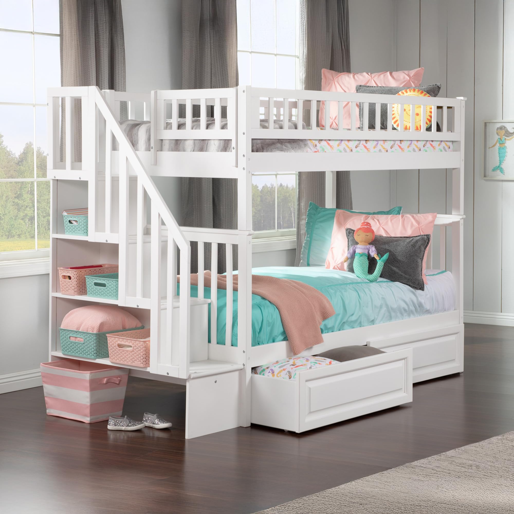 Woodland Twin over Twin Solid Wood Staircase Bunk Bed with 2 Raised Panel Storage Drawers in White