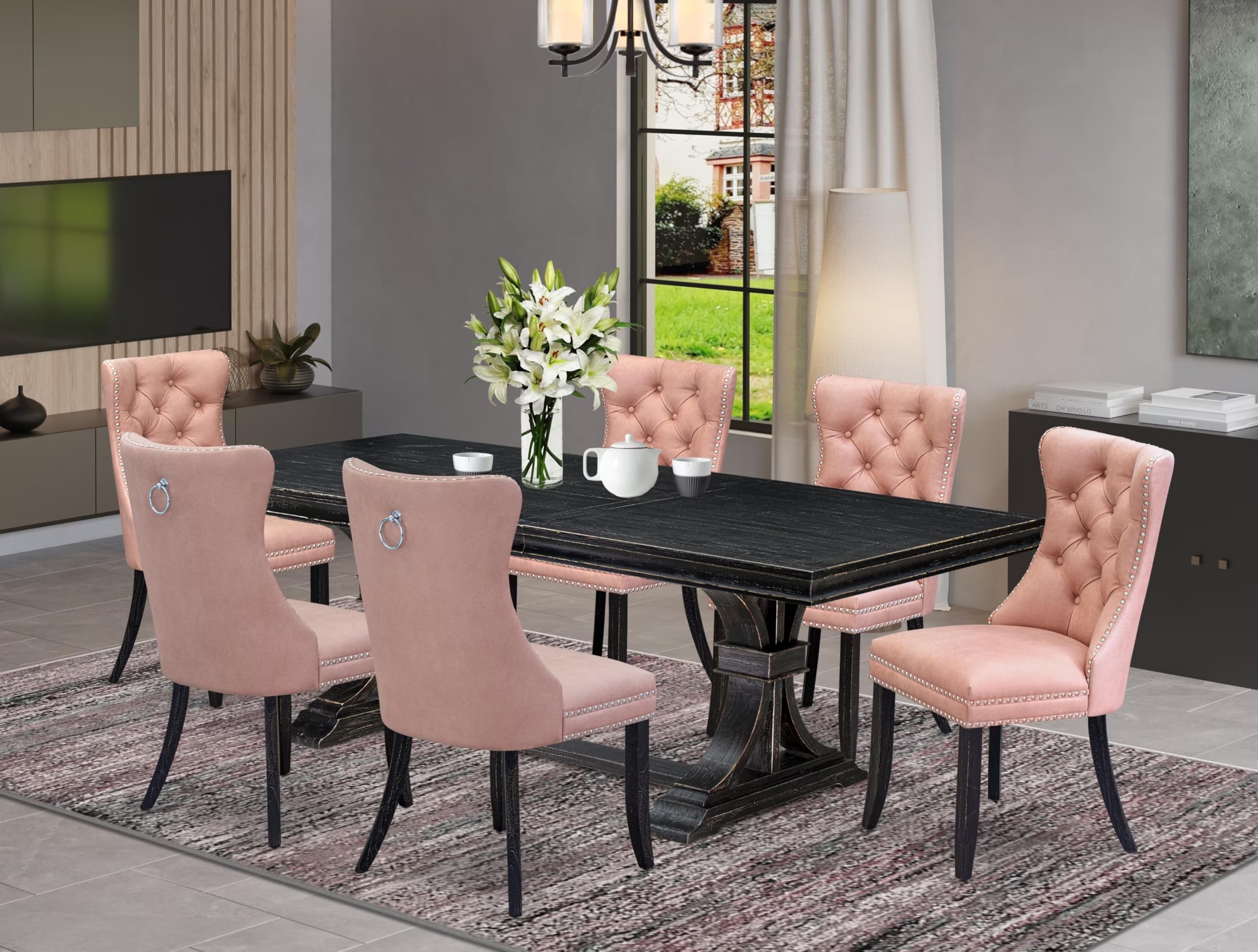 7 Pieces Dining Set Contains a Rectangle Kitchen Table and 6 Modern Chairs