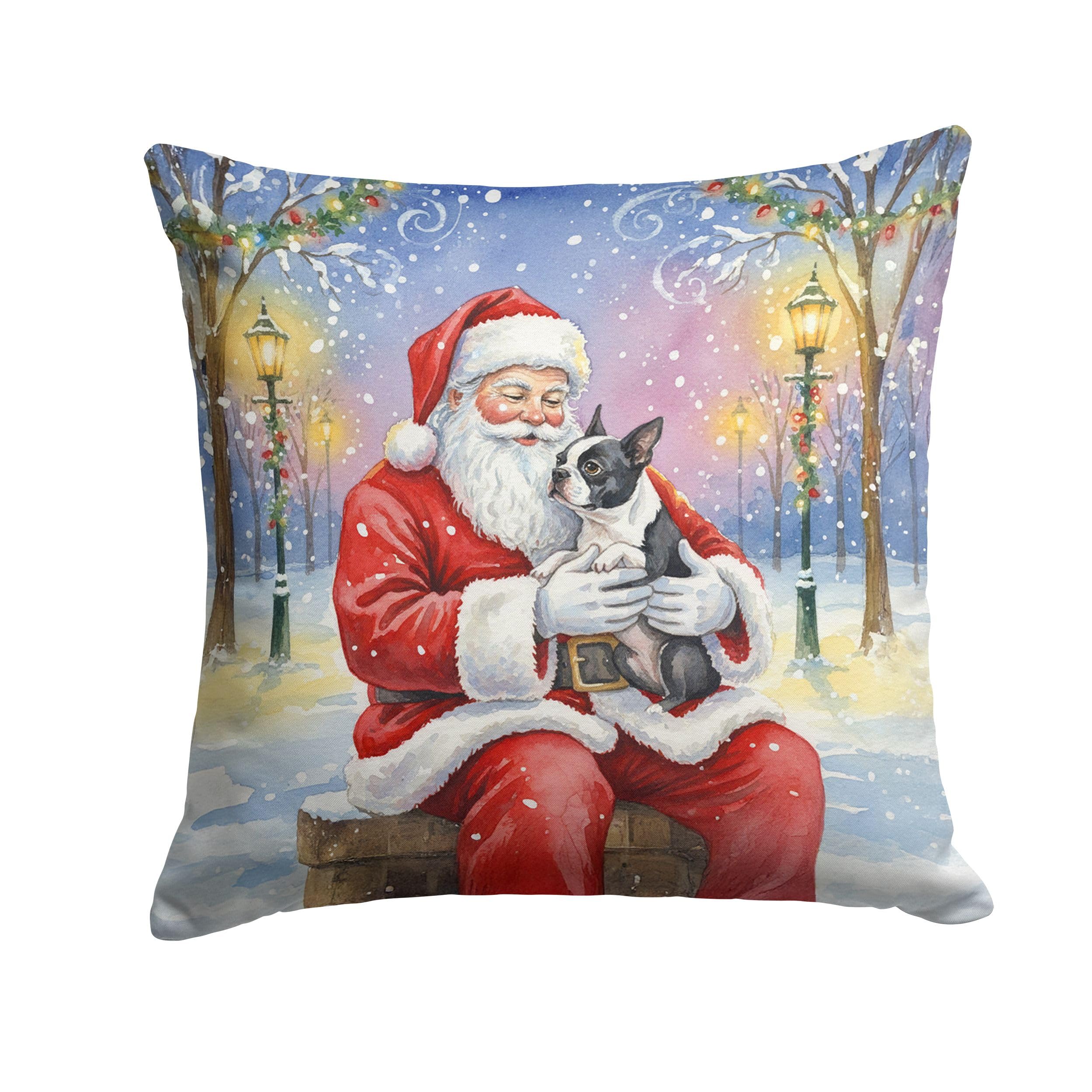 Carolines Treasures Boston Terrier with Santa Claus Throw Pillow Decorative Indoor Outdoor Accent Cushion for Couch, Bed or Patio, 14Hx14W