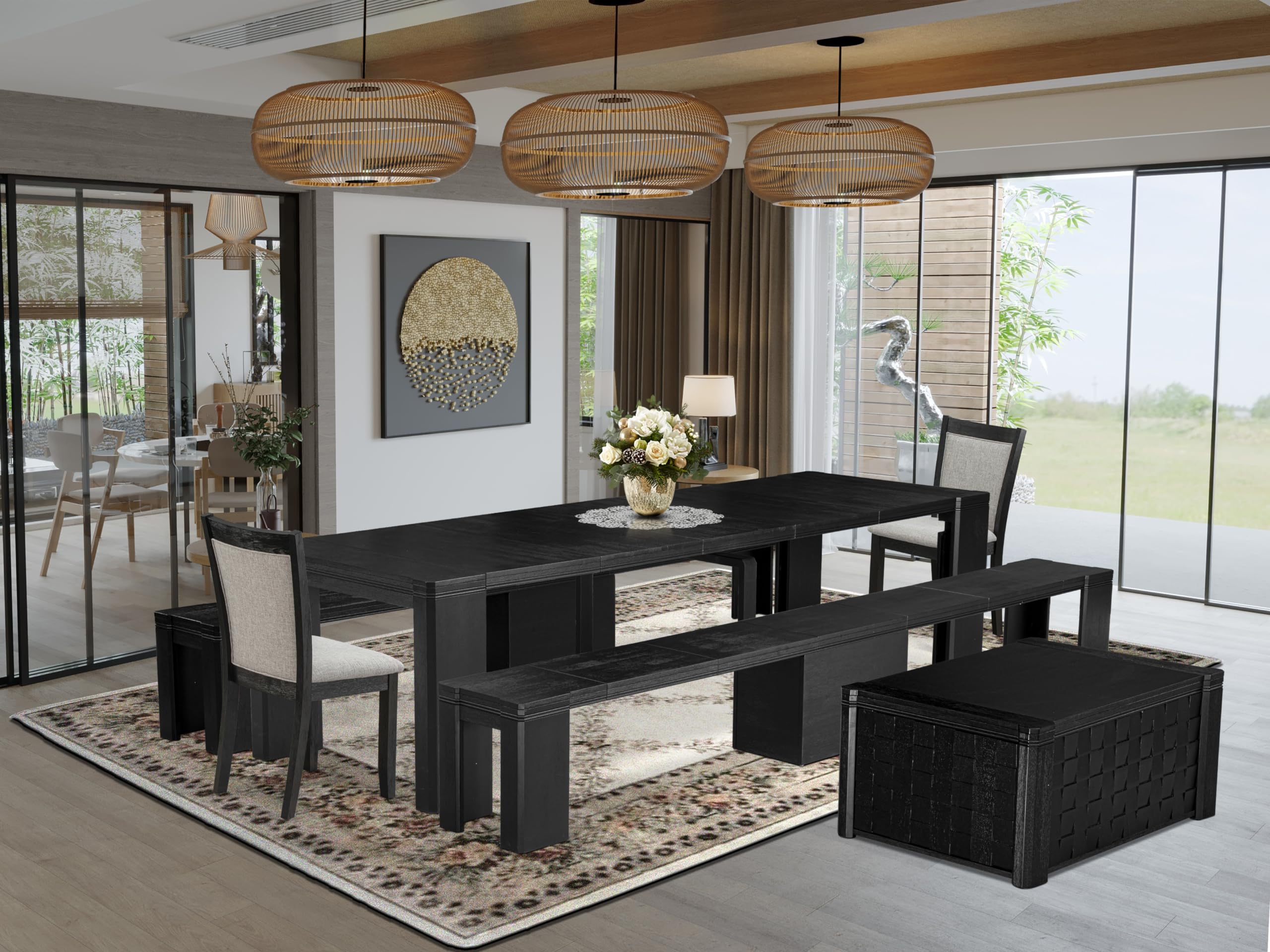 Luxe East West Furniture X02MZ-2C6-50 6-piece Dining Room Table Set a Rectangular Kitchen Table with a coffee Table and 2 wooden Benches and 2 Dark Gotham Grey Linen Fabric Dining Chair, Wire Brushed