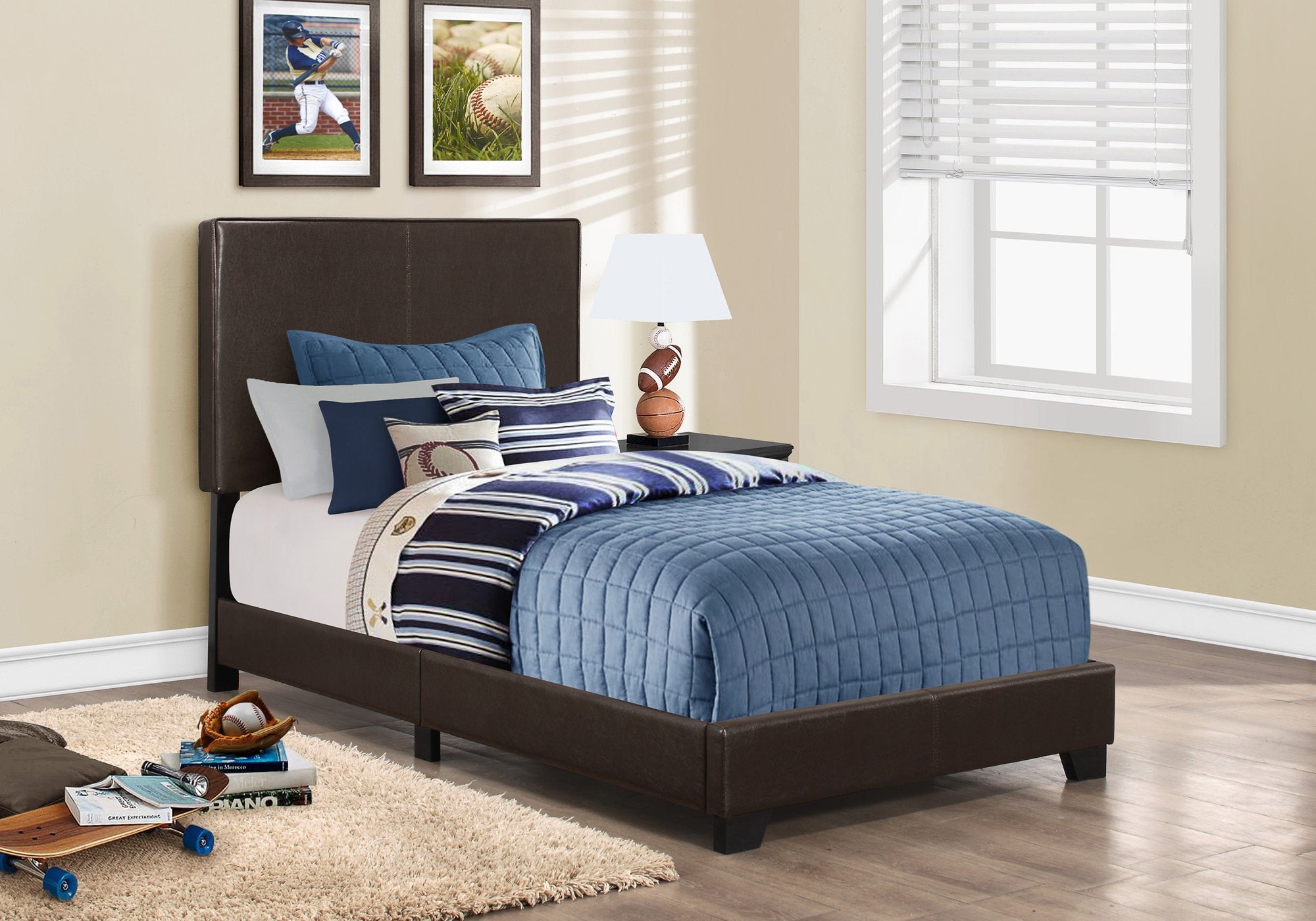 Bed, Twin Size, Platform, Bedroom, Frame, Upholstered, Pu Leather Look, Wood Legs, Brown, Transitional