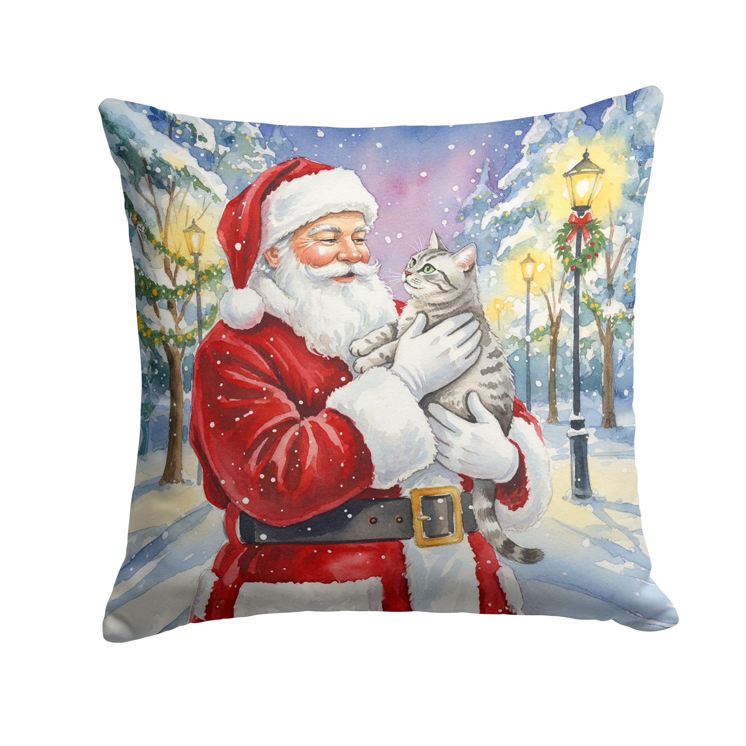 Carolines Treasures Silver Classic Tabby Cat with Santa Claus Throw Pillow Decorative Indoor Outdoor Accent Cushion for Couch, Bed or Patio, 14Hx14W