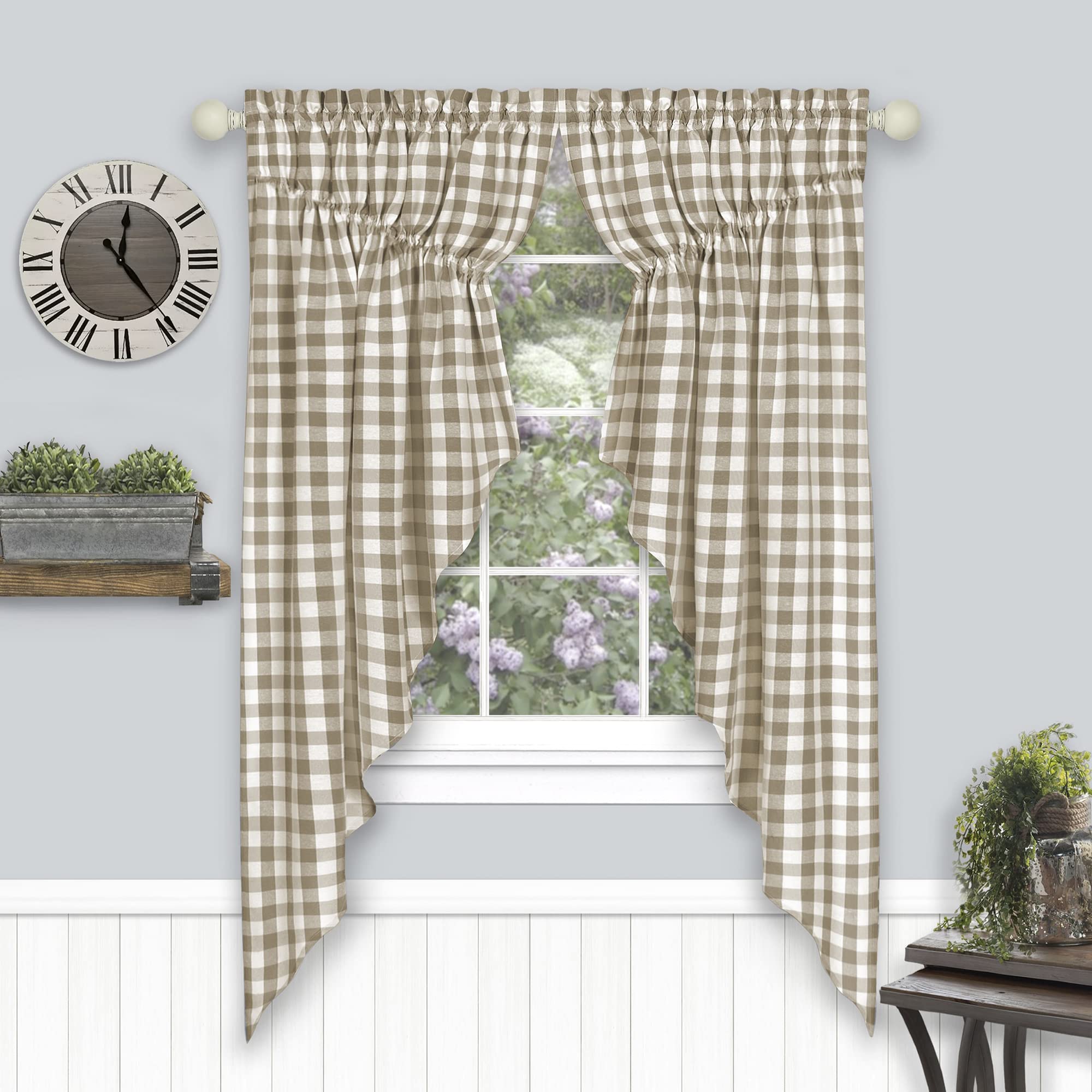 Buffalo Check Gathered Swag Window Curtain Pair - 72x63 - Taupe