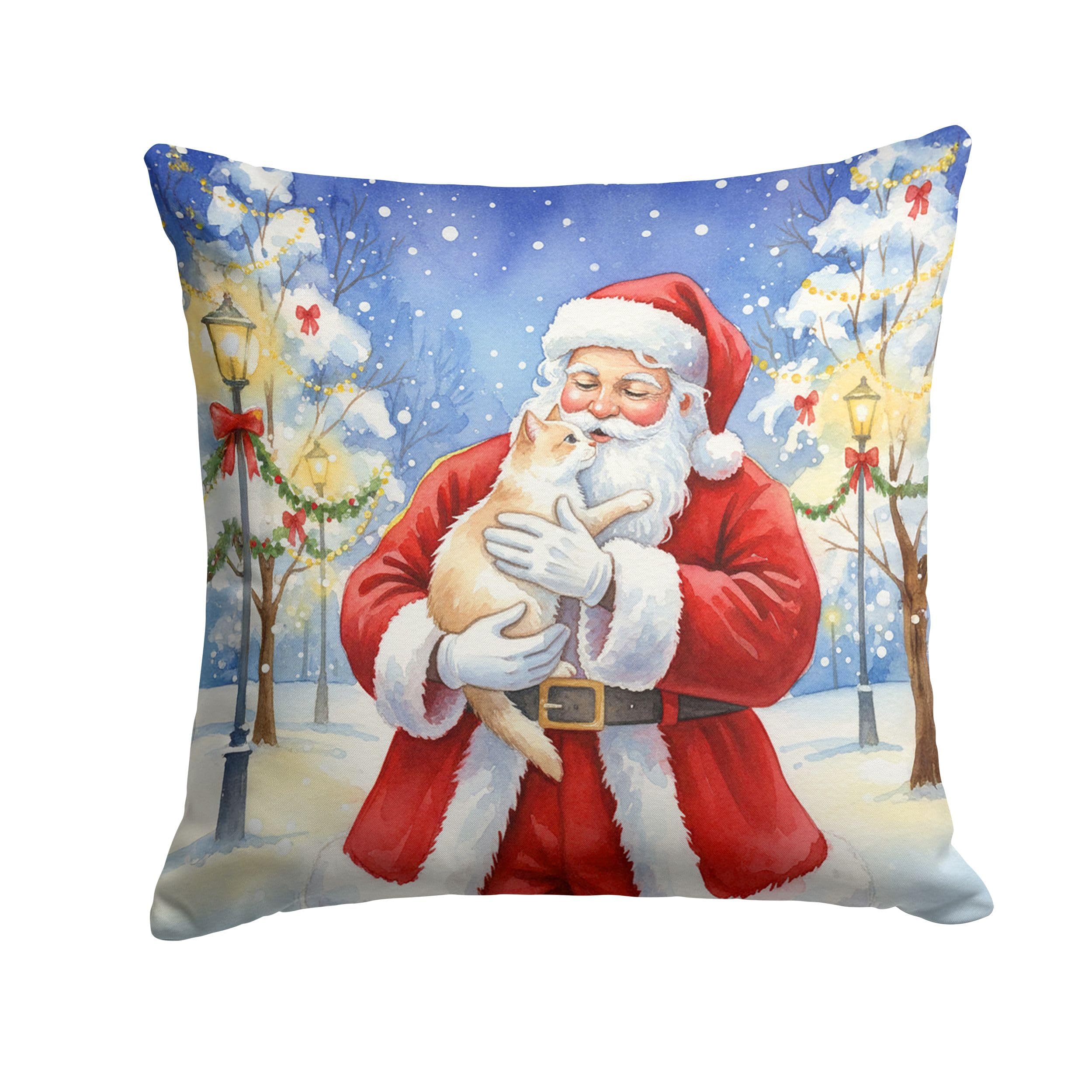 Carolines Treasures Cream and White Cat with Santa Claus Throw Pillow Decorative Indoor Outdoor Accent Cushion for Couch, Bed or Patio, 14Hx14W