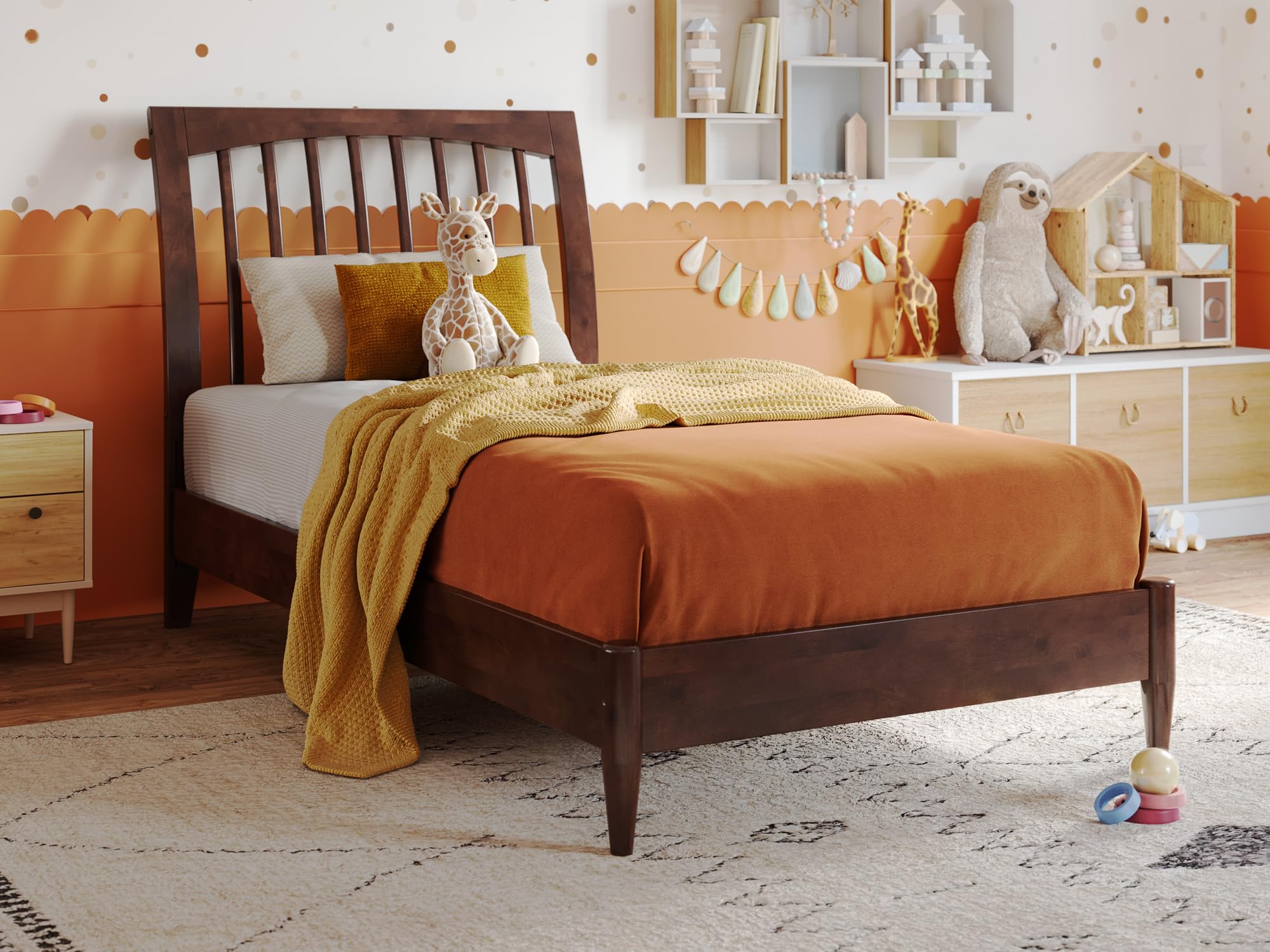 Orleans Twin Solid Wood Low Profile Sleigh Platform Bed in Walnut