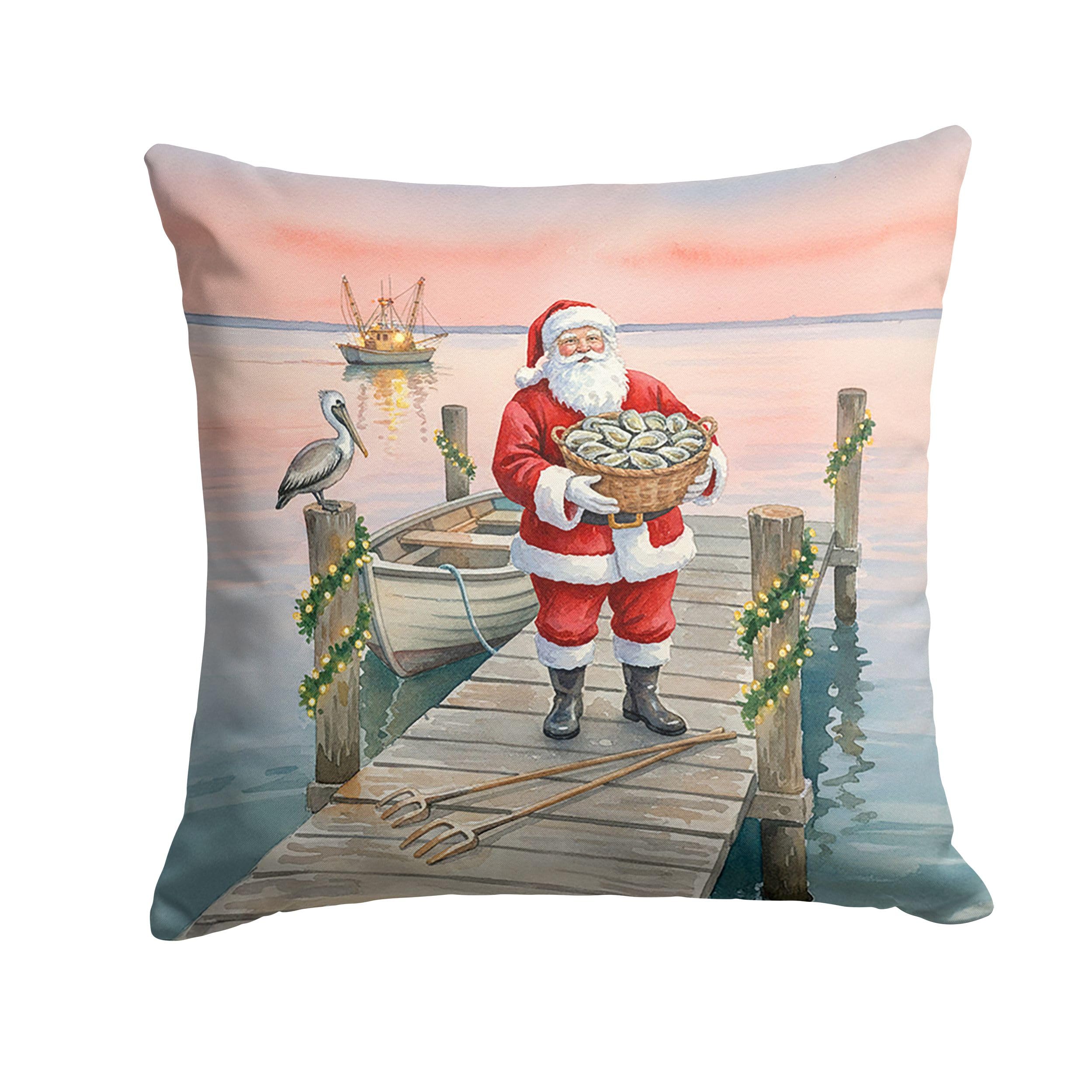 Carolines Treasures Fishing Santa Claus with Oysters Christmas Throw Pillow Decorative Indoor Outdoor Accent Cushion for Couch, Bed or Patio, 14Hx14W