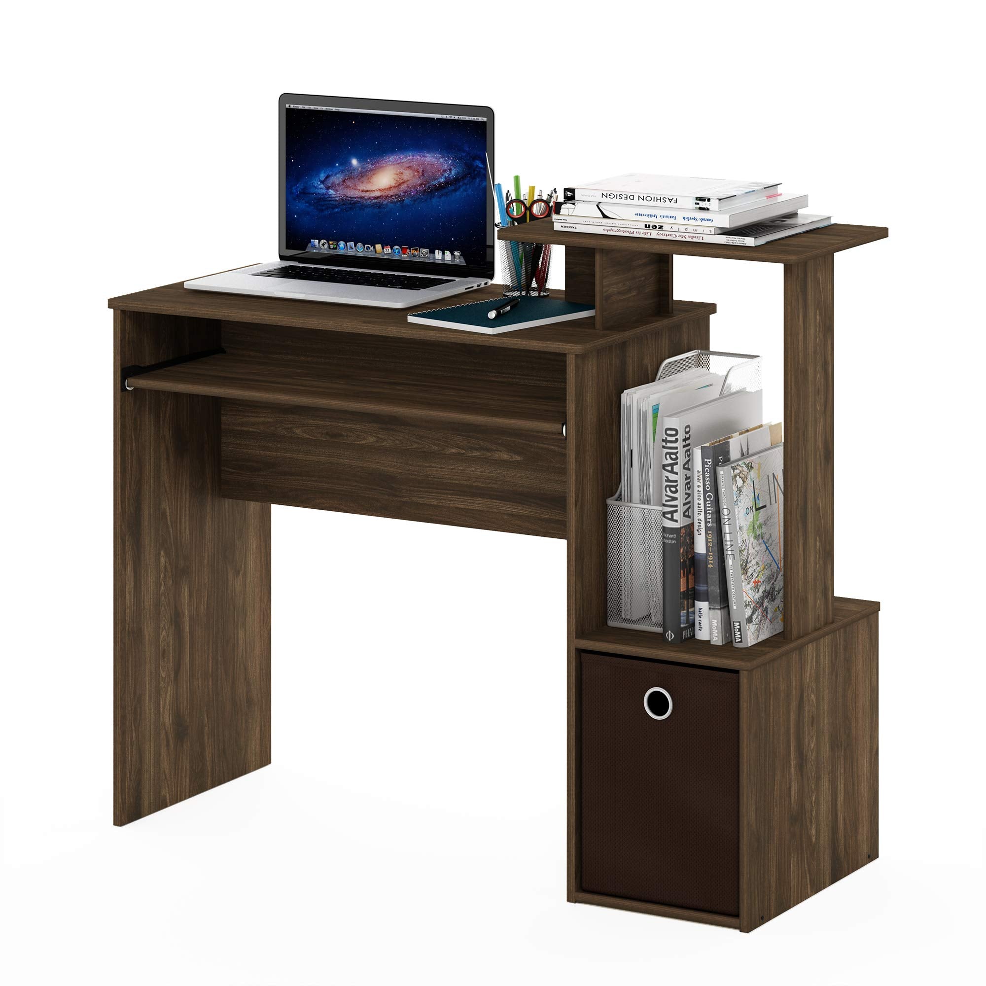 Furinno Econ Multipurpose Home Office Computer Writing Desk w/Bin, Columbia Walnut/Dark Brown, 12095CWN/DBR