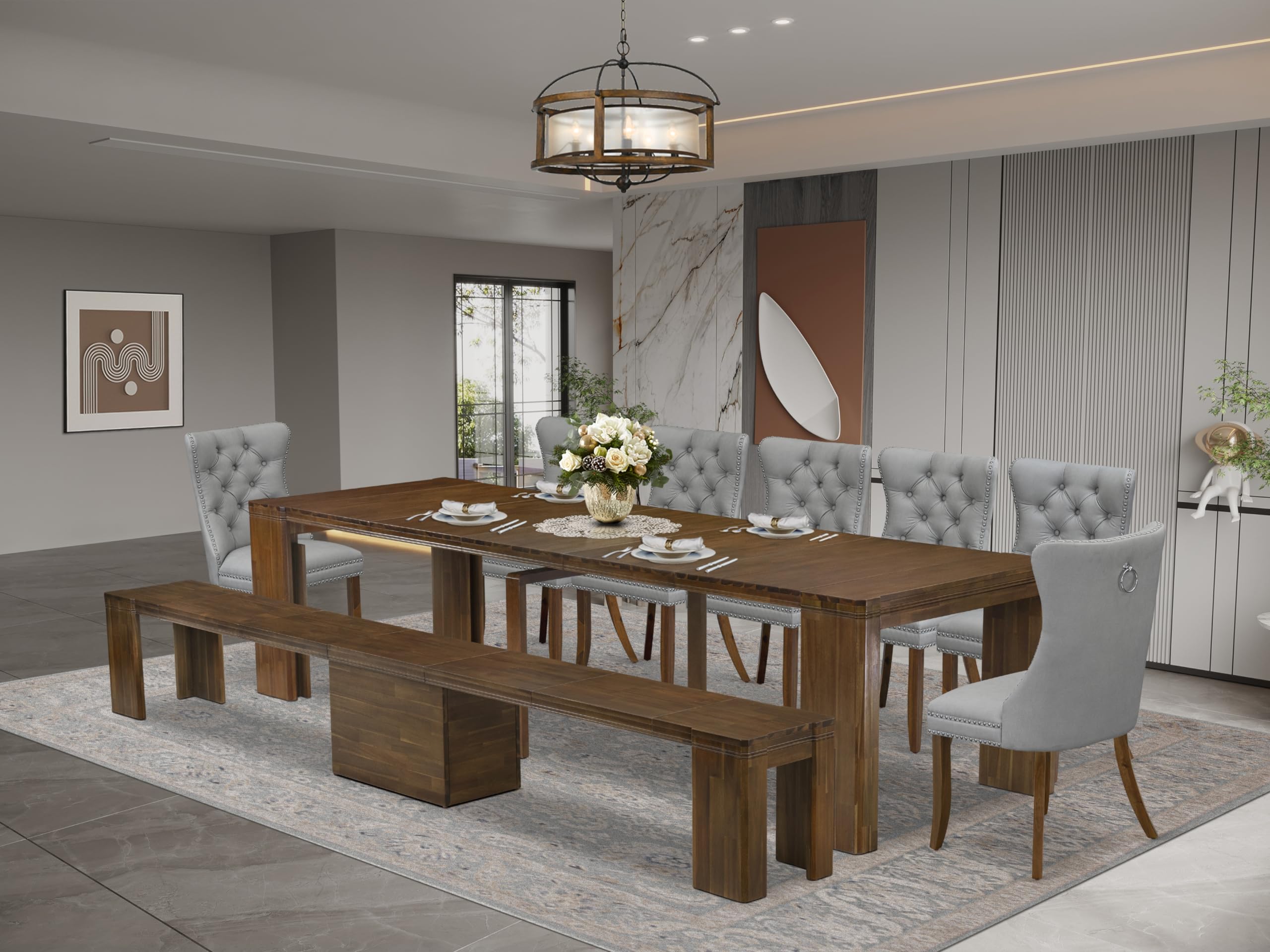 9 Pieces Extendable Dining Set Includes a Rectangle Kitchen Table