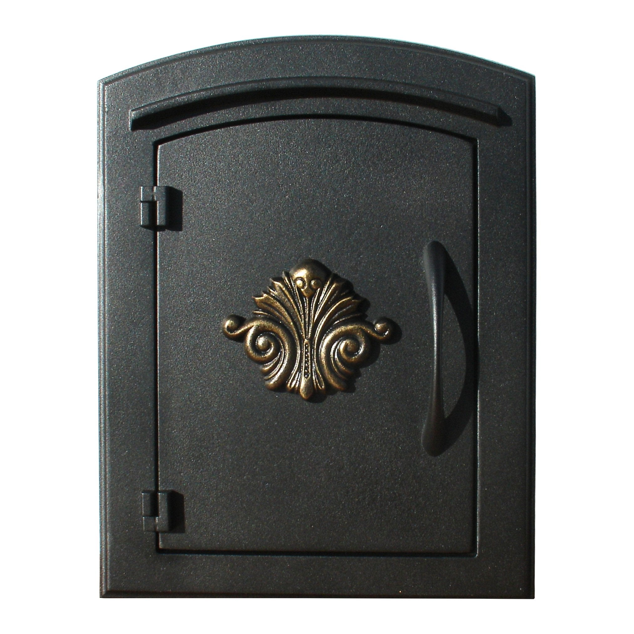Manchester Security Drop Chute Mailbox with Decorative Scroll Logo Faceplate in Black