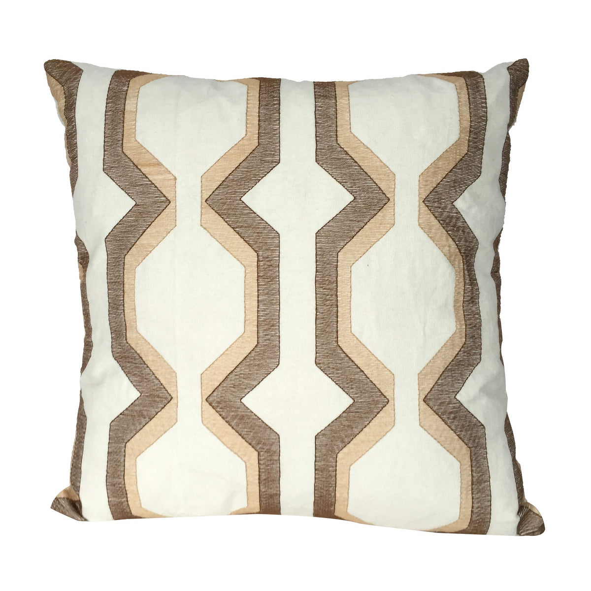 Benjara Contemporary Cotton Pillow With Geometric Embroidery, White And Brown