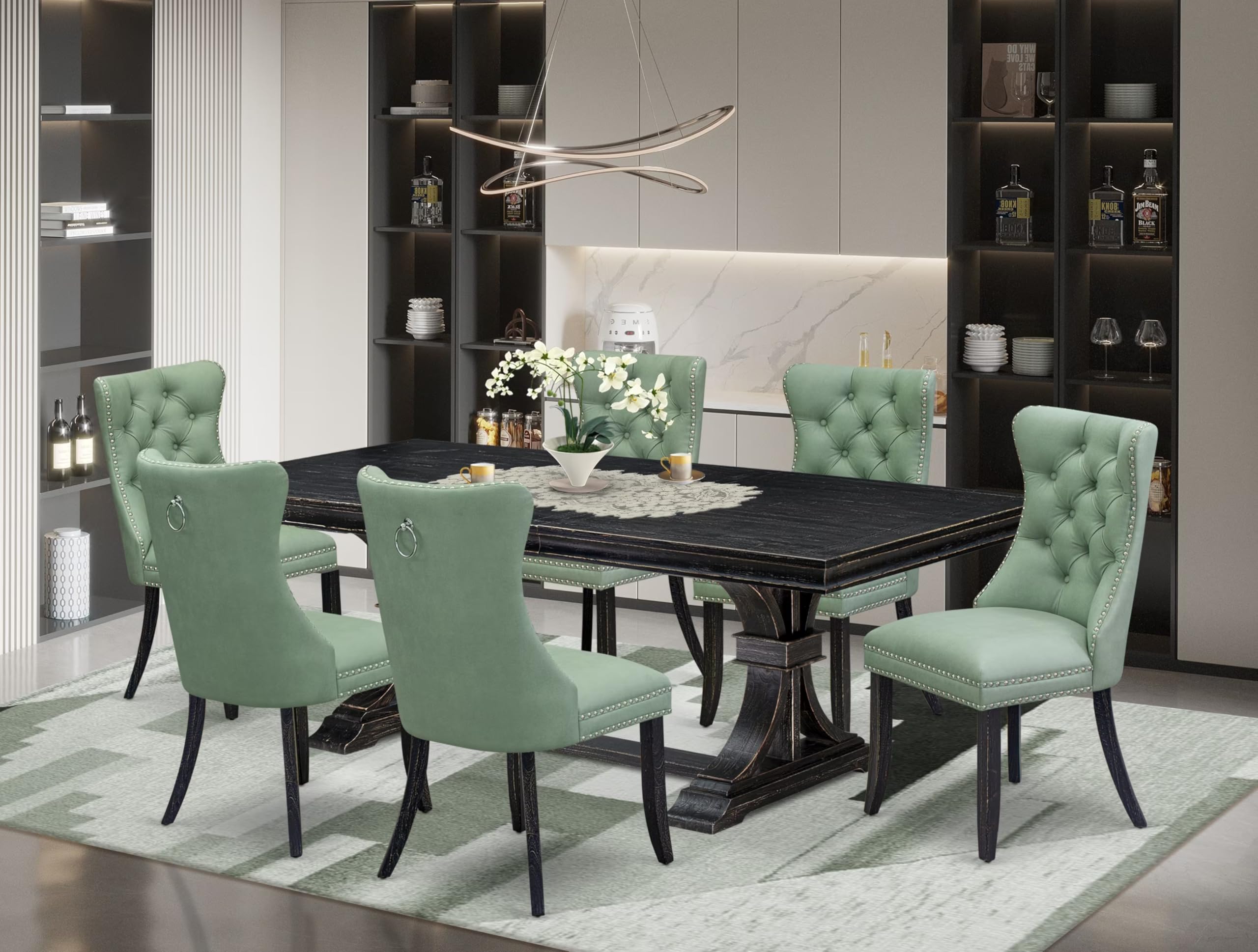 7 Pieces Dining Set Contains a Rectangle Kitchen Table and 6 Modern Chairs