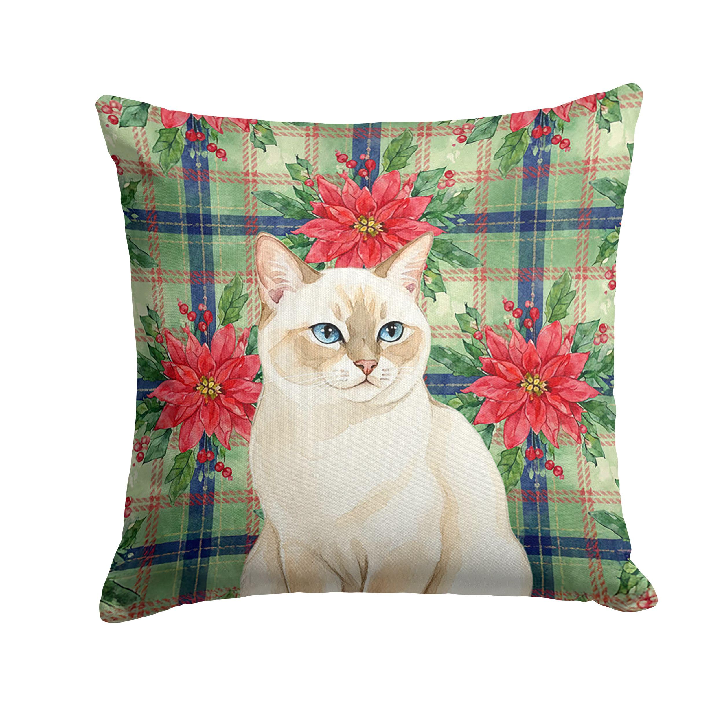 Carolines Treasures Cream Point Cat with Poinsettias Throw Pillow Decorative Indoor Outdoor Accent Cushion for Couch, Bed or Patio, 18Hx18W